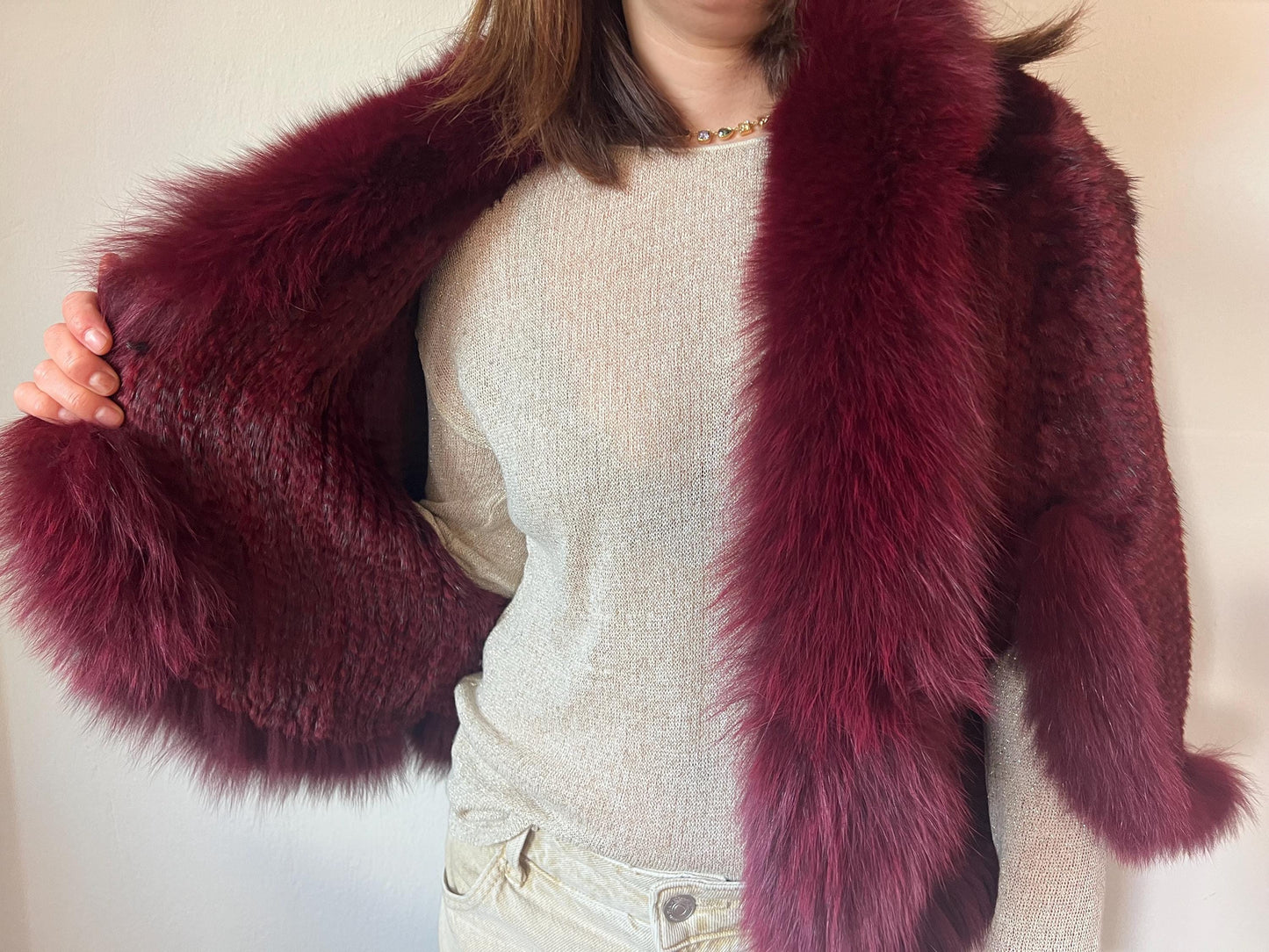 Bordeaux Mink Fur Cape: Handwoven Jacket with Fox Trim