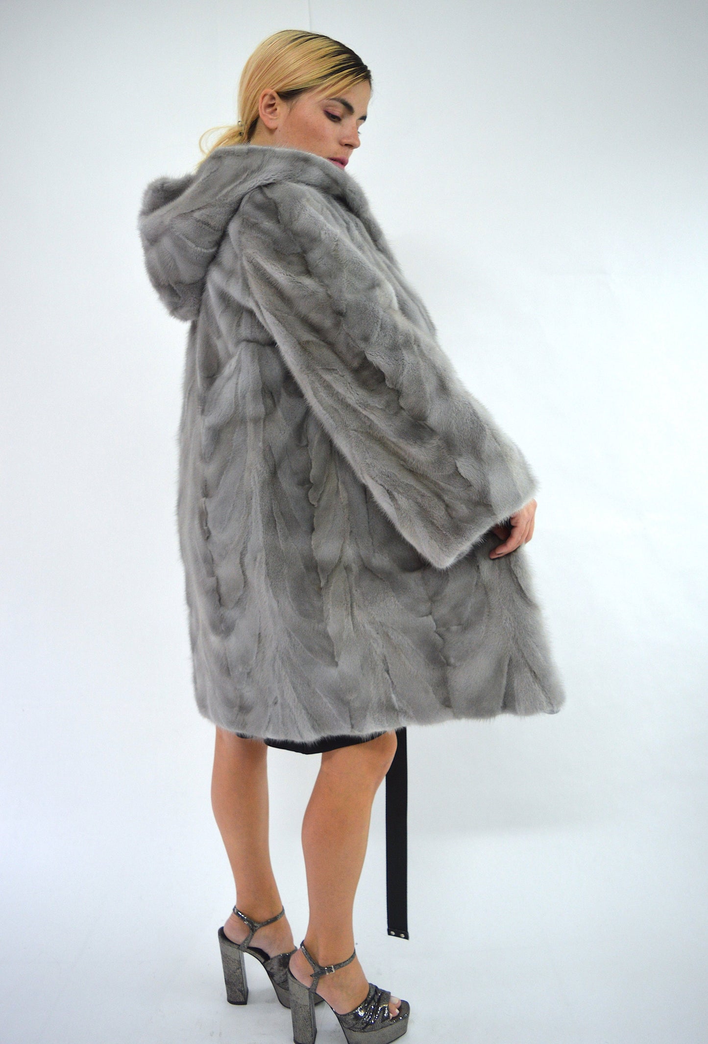 Sapphire Mink Fur Stroller Coat: Hooded Gray Mink Belted Jacket