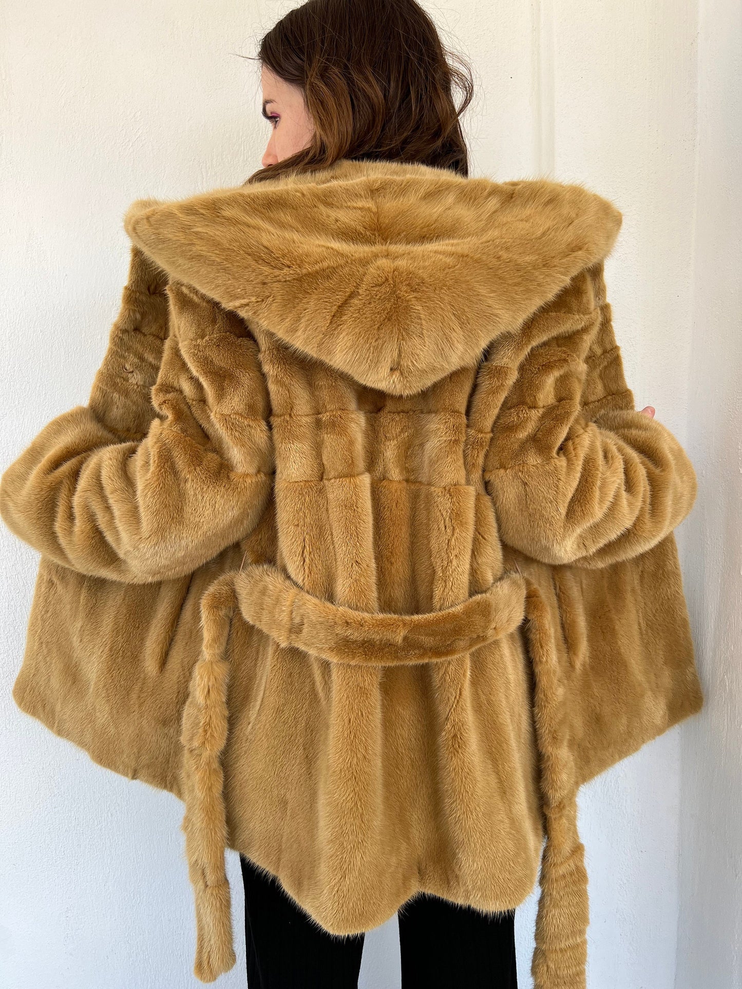 Camel Mink Fur Hooded Jacket with Belt - Luxury Gift
