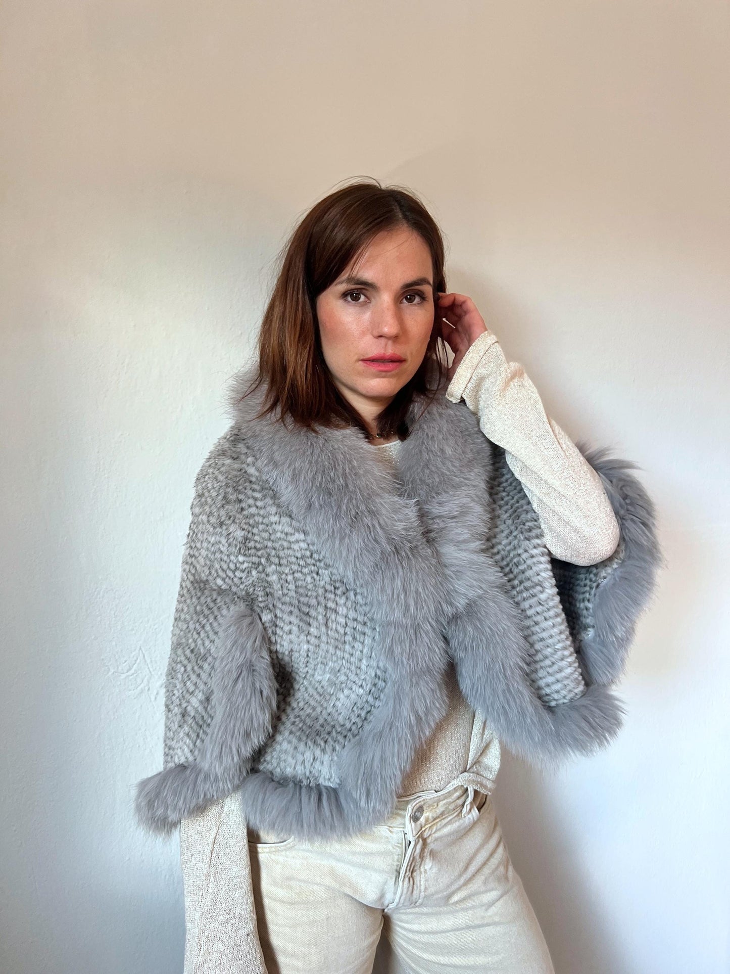 Handwoven Mink Fur Cape with Fox Fur Trim - Light Gray Poncho