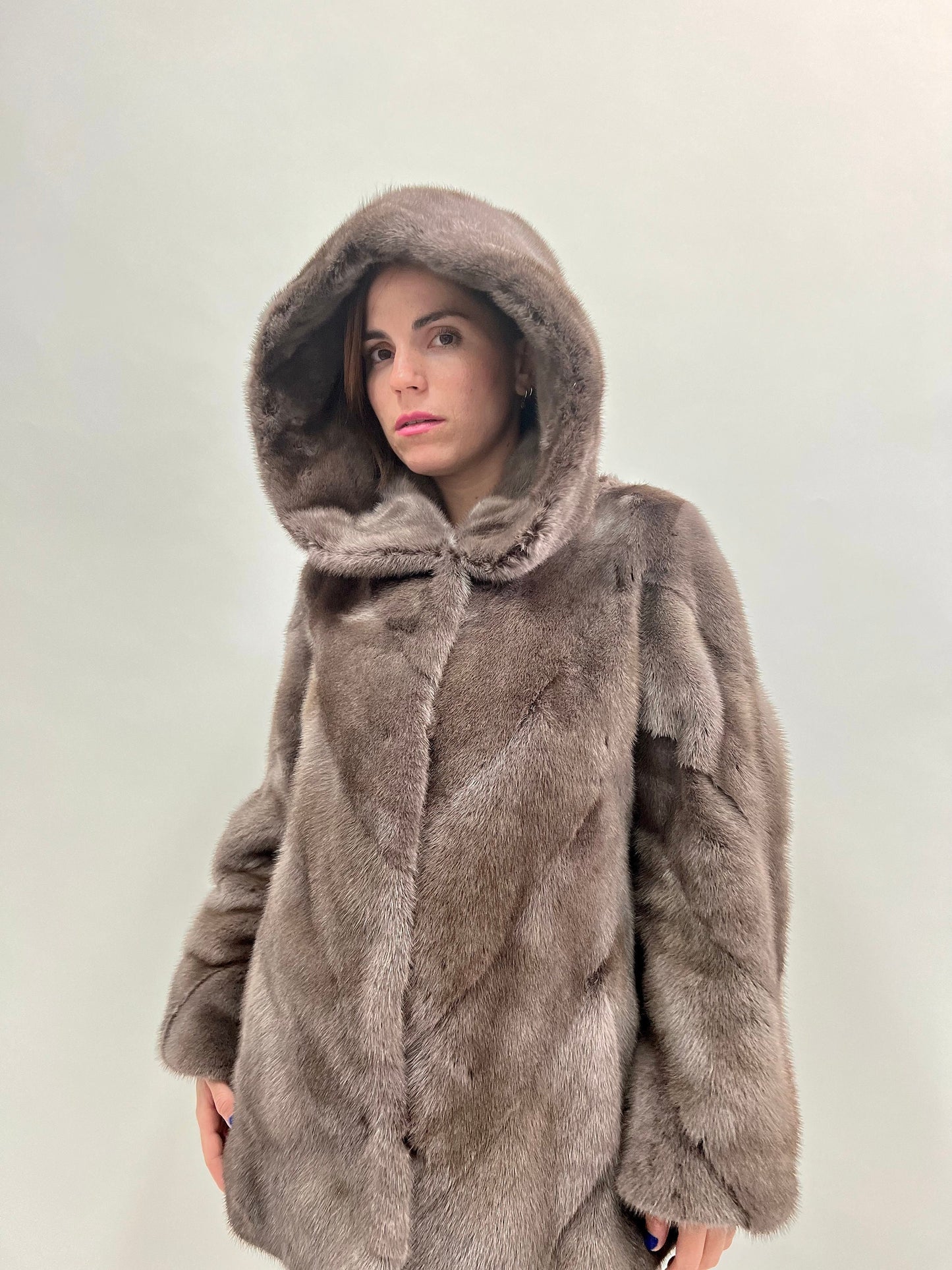 Saga Mink Fur Hooded Jacket, Warm Grey Diagonal Coat