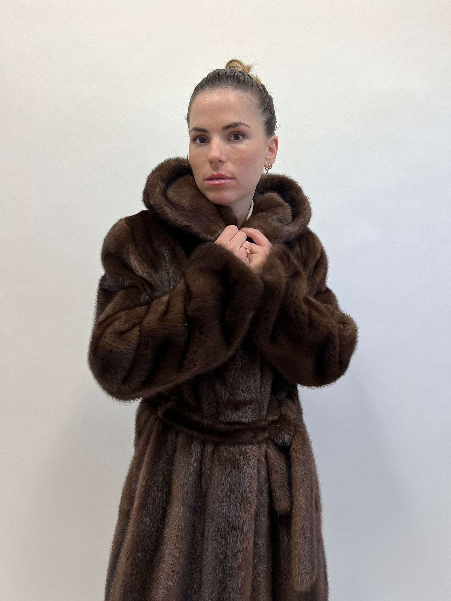 Brown Mink Fur Hooded Coat: Demi Buff Long Stroller, Belted