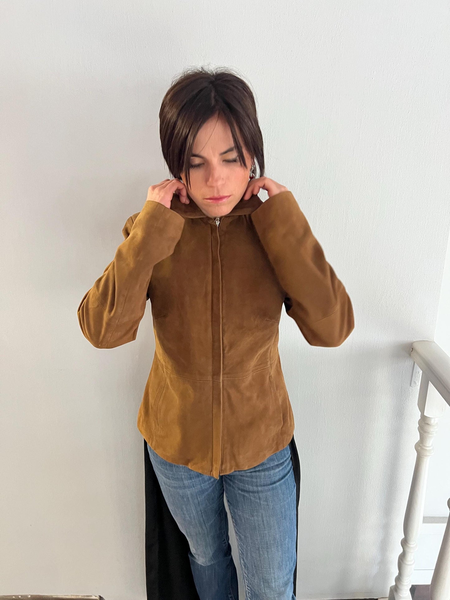 Handmade Tobacco Suede Leather Zipped Jacket: Light Genuine Leather Blazer