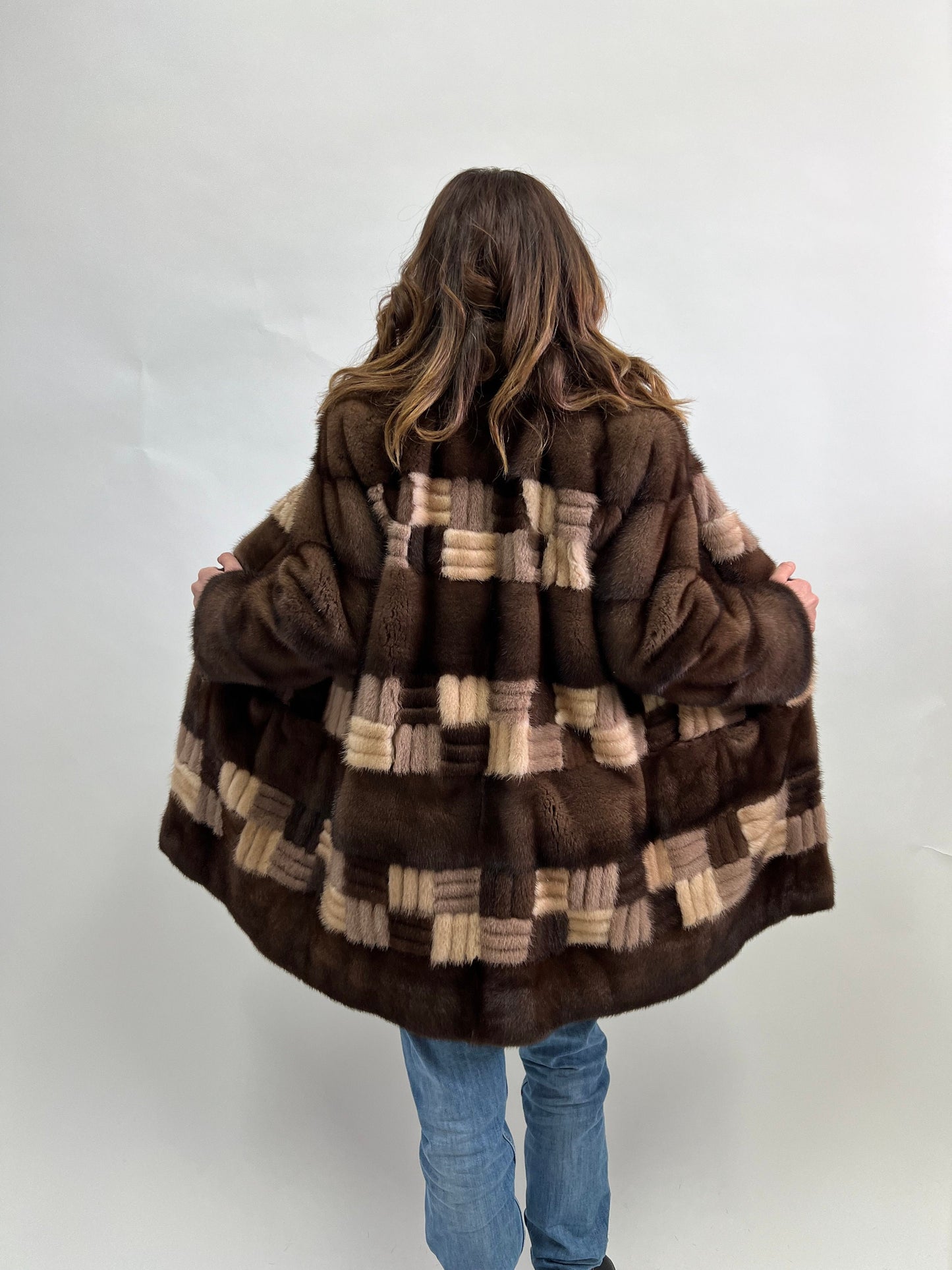 Intarsia Brown Mink Fur Coat - Saga Lightweight Zip-Up - Size Large