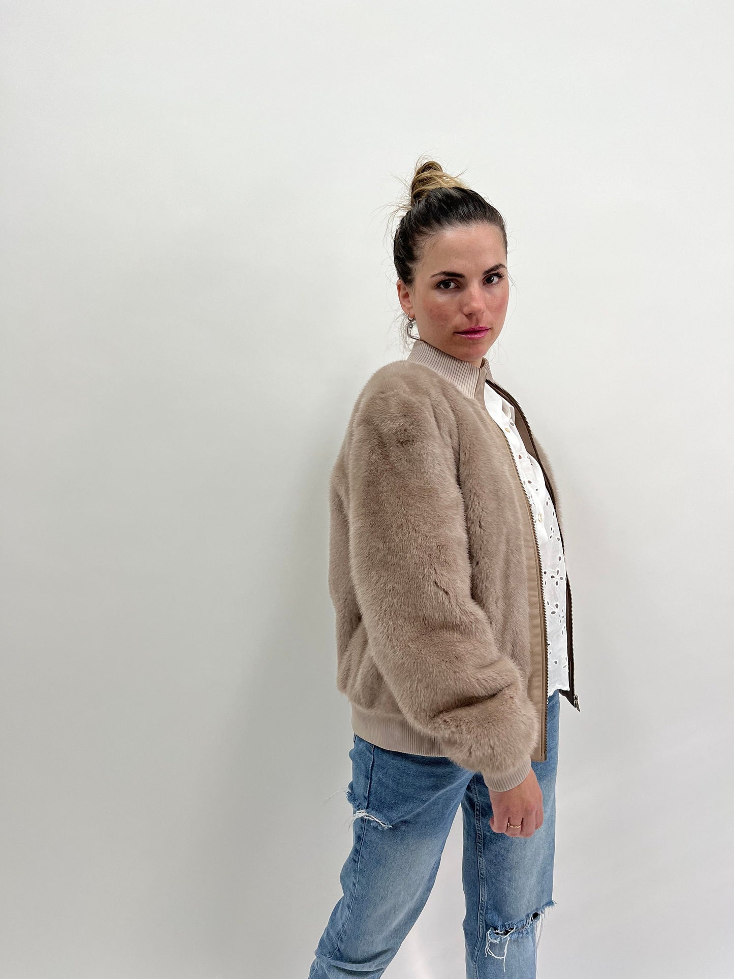 Taupe Mink Fur Bomber Jacket: Knit & Leather, Handmade in Greece