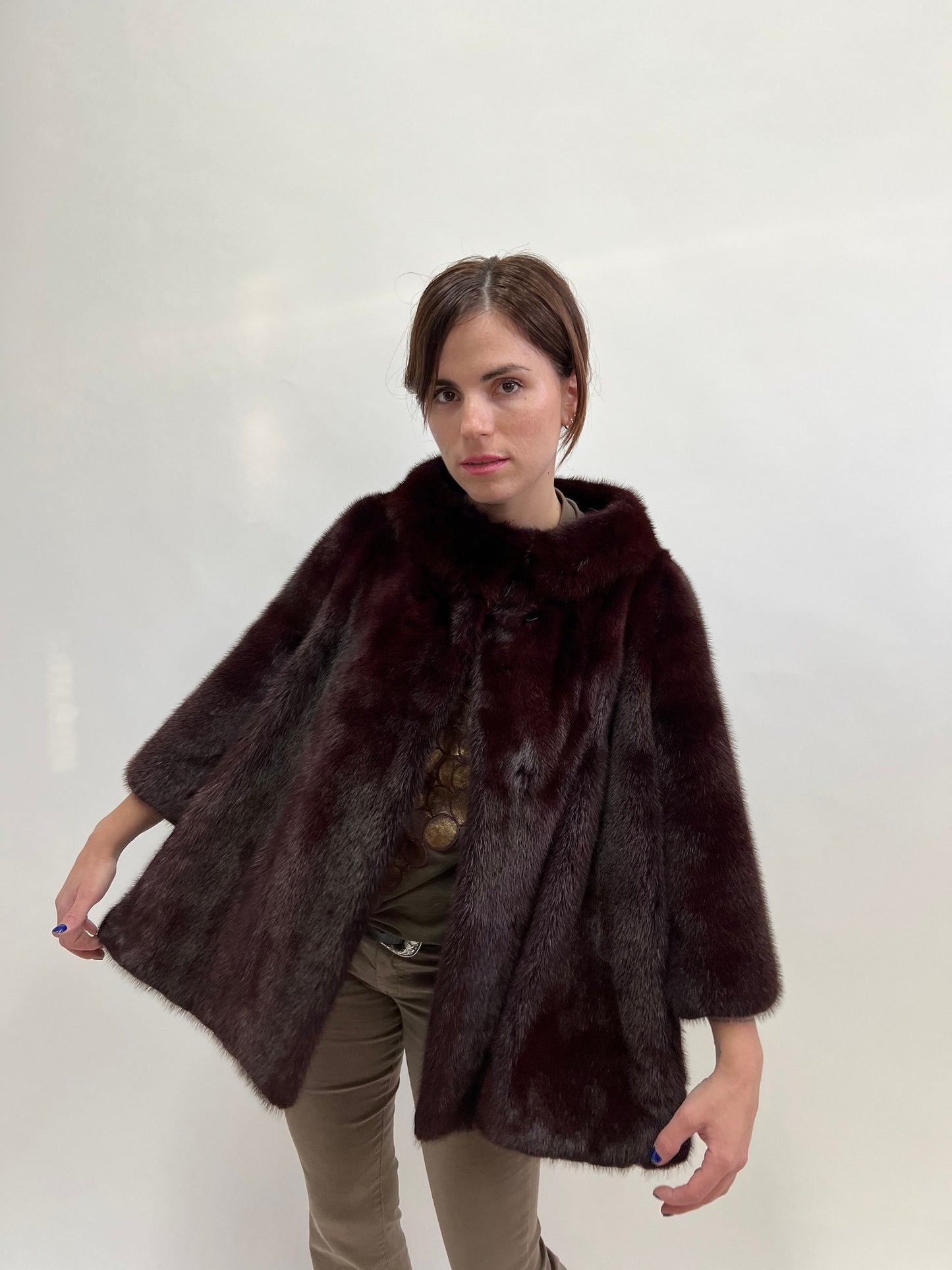 Burgundy Mink Fur Jacket: Saga Quality, Edgy Stand Up Collar