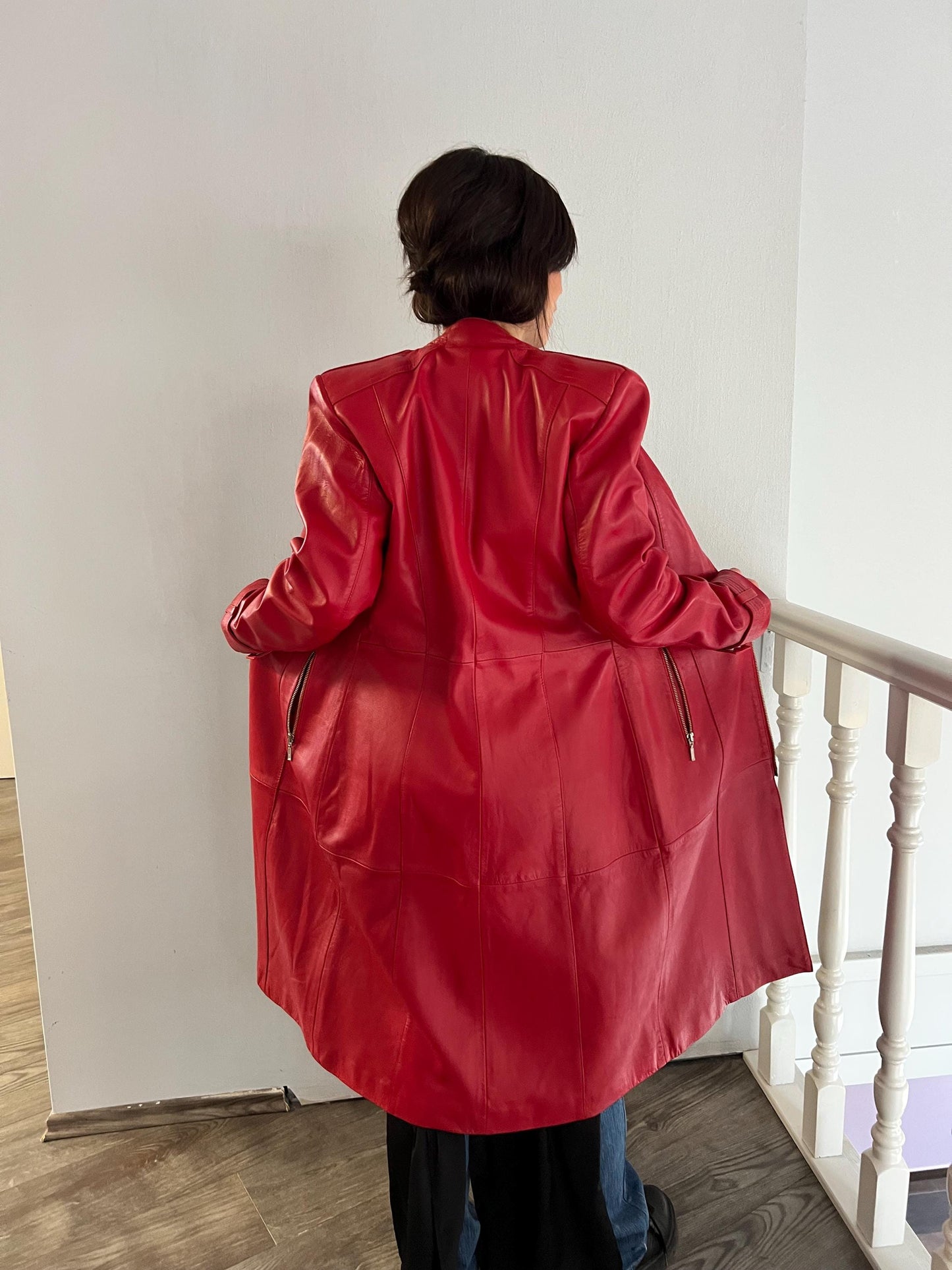 Handmade Red buttery Nappa Lambskin Leather Coat: Belted Warm Lining
