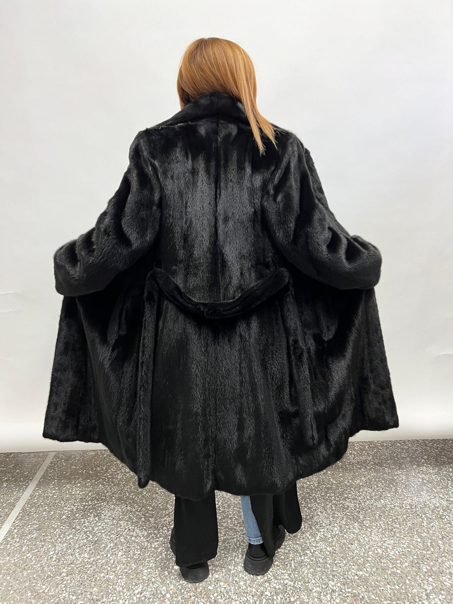 Black Saga Mink Fur Coat with Belt, Luxury Texture