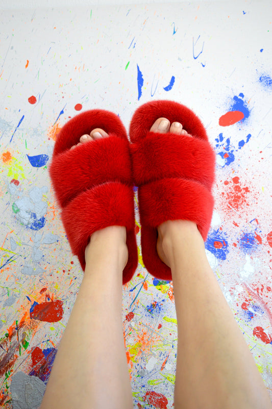 Red Mink Fur Slides: Luxury Fur Slippers with PVC Sole