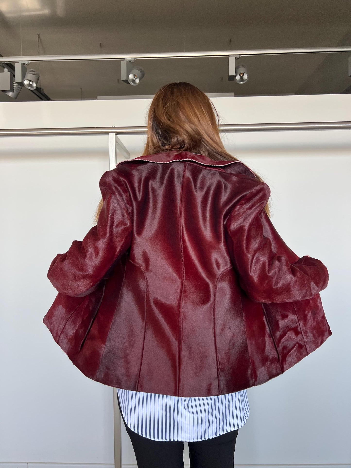 Genuine Cherry Hair-On Leather Jacket: Lightweight Calf Cavallino Coat