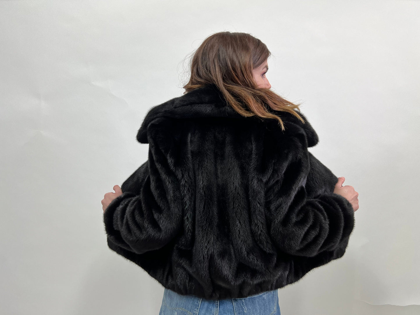 Real Mink Fur Velvet Bomber Jacket - Black, Big Collar