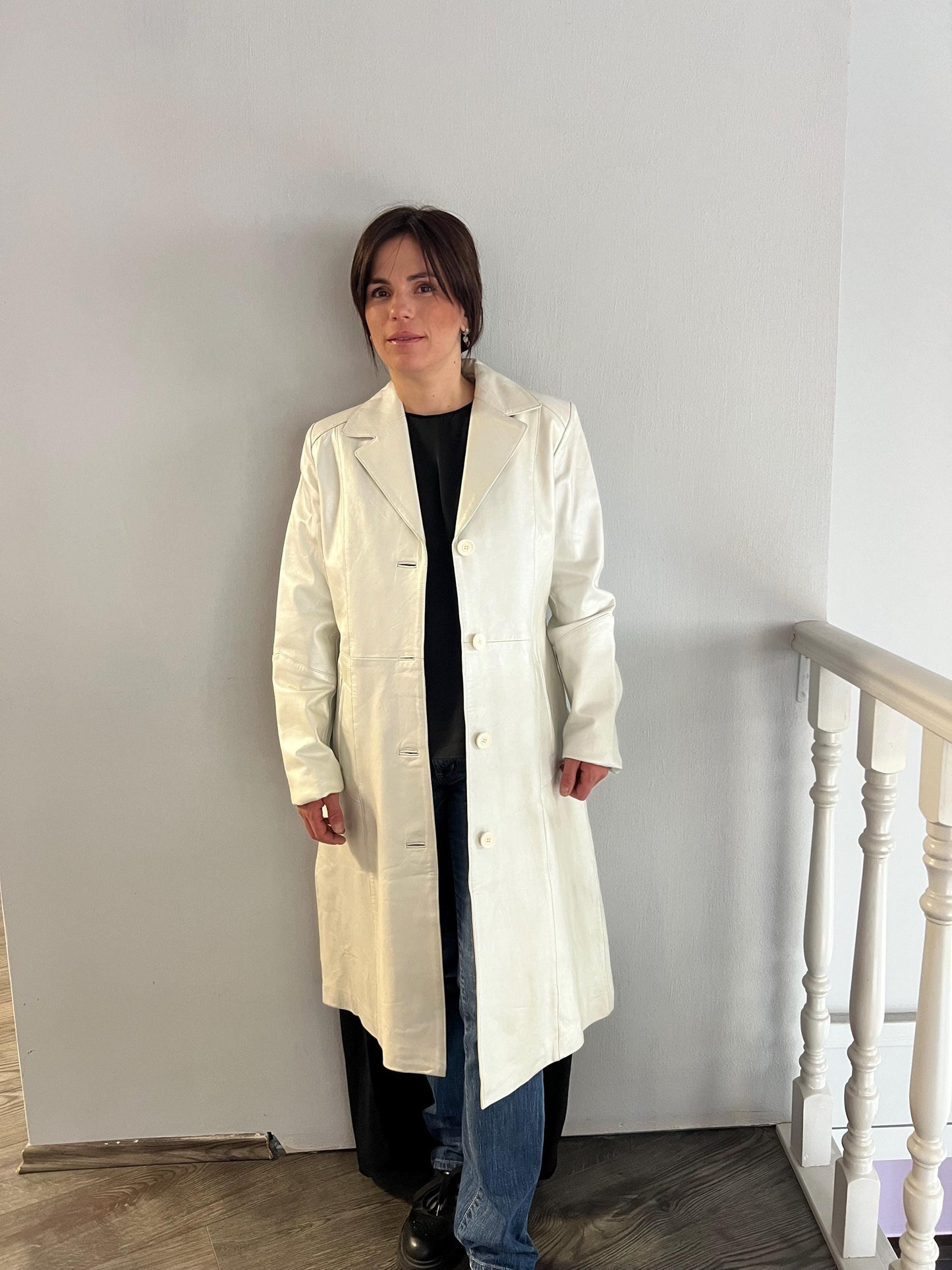 Handmade Nappa Lambskin Leather Coat: White Pearl Button-Down