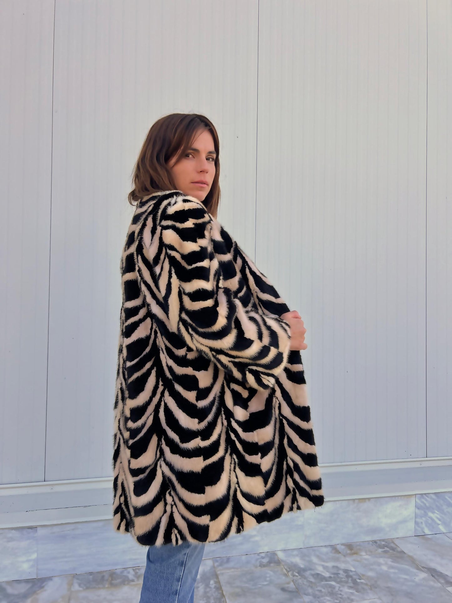 Beige & Black Intarsia Mink Fur Jacket: Handmade Genuine Fur Blazer