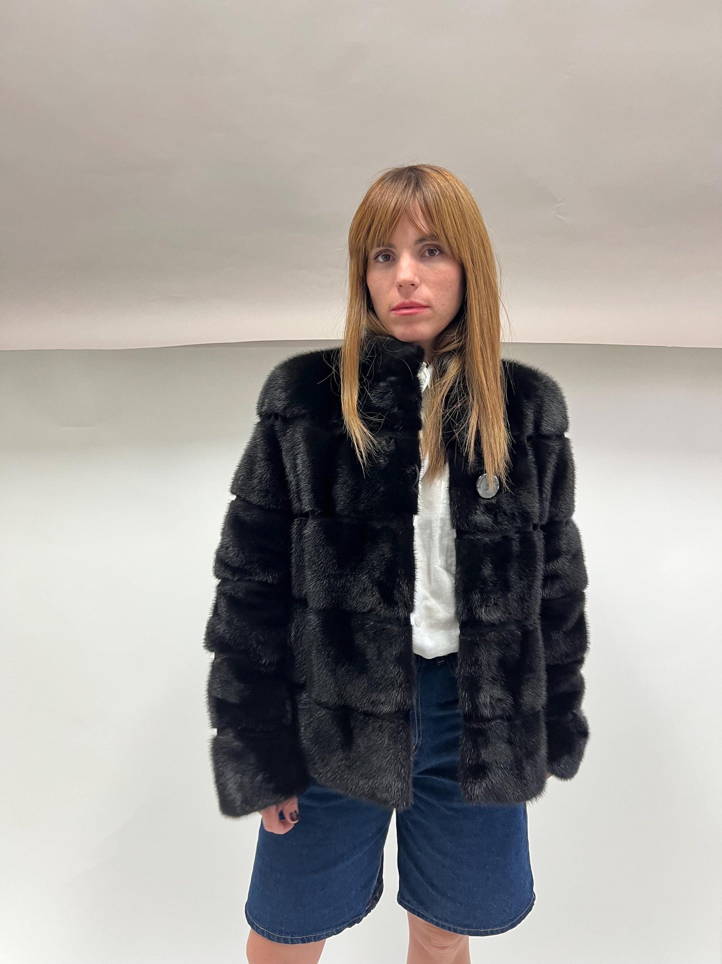 Saga Mink Fur Bolero Jacket: Black Horizontal Collar, Full Skin