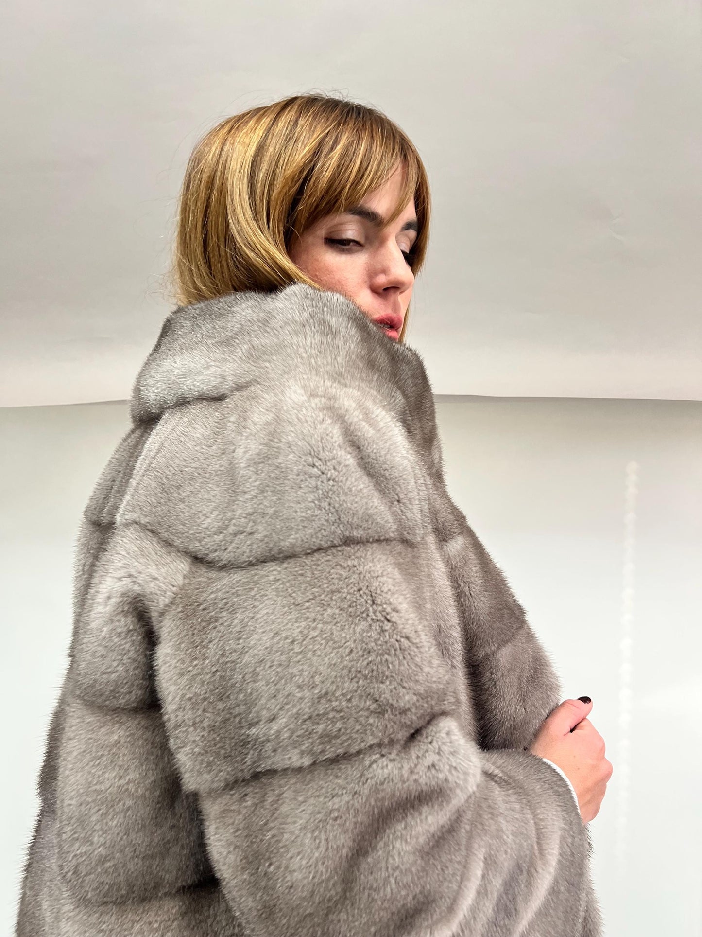 Real Silver Mink Fur Stroller Coat - High Collar, Luxury Gift