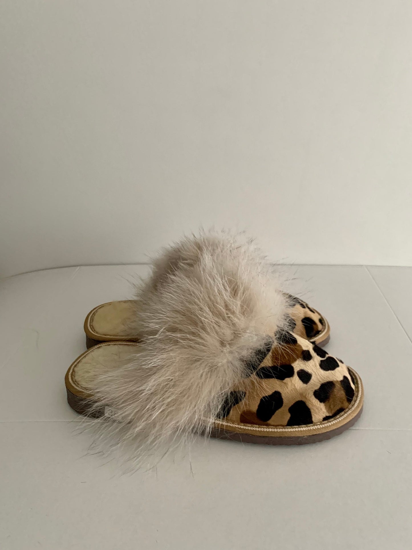 Genuine shearling slippers for women cowhide fur print with fox fur trim,  with foam sole fur slippers. Lightweight mouton fur.