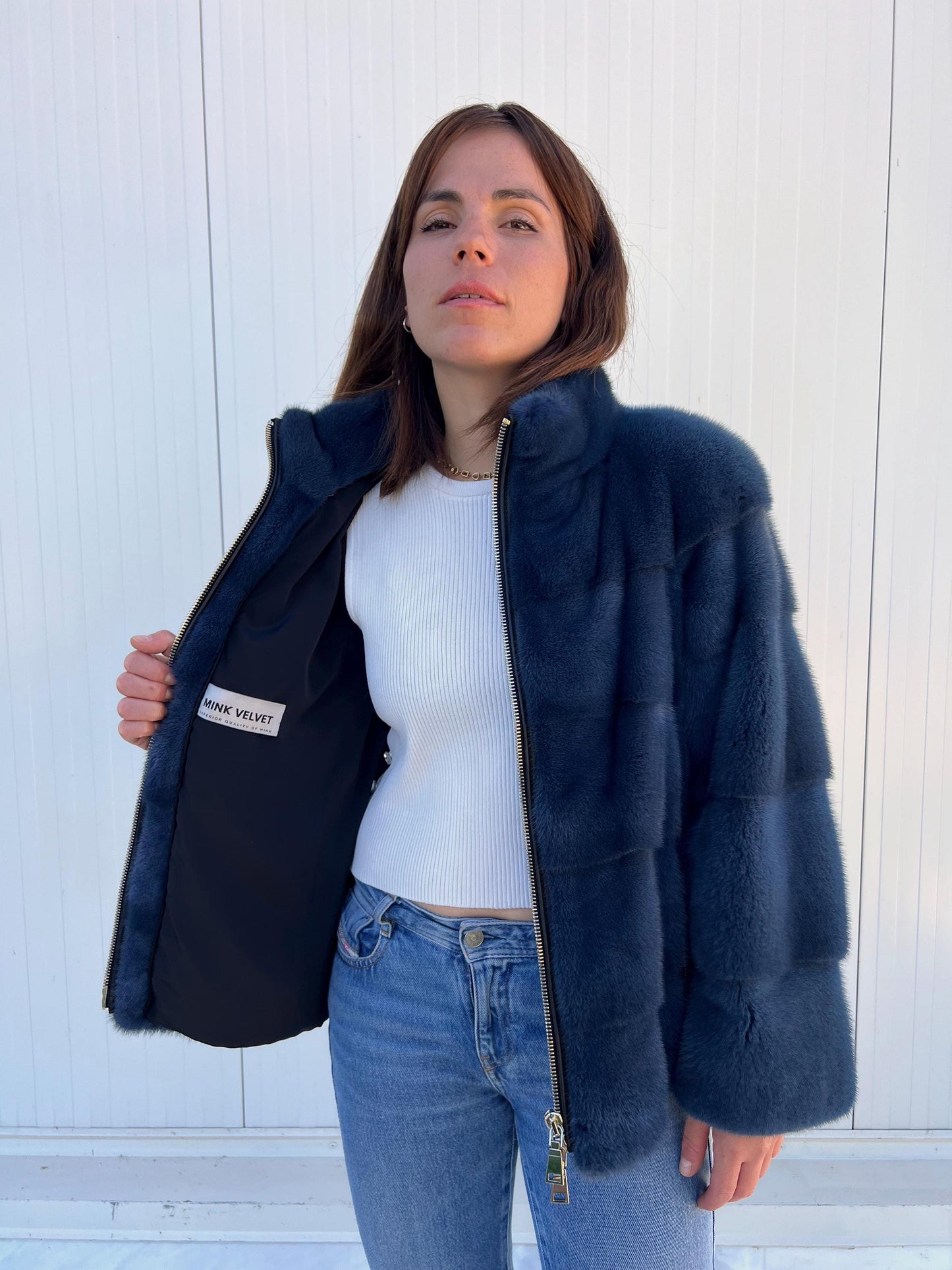 Handmade denim Blue Mink Fur Jacket: Velvet Blazer with Stand Up Collar