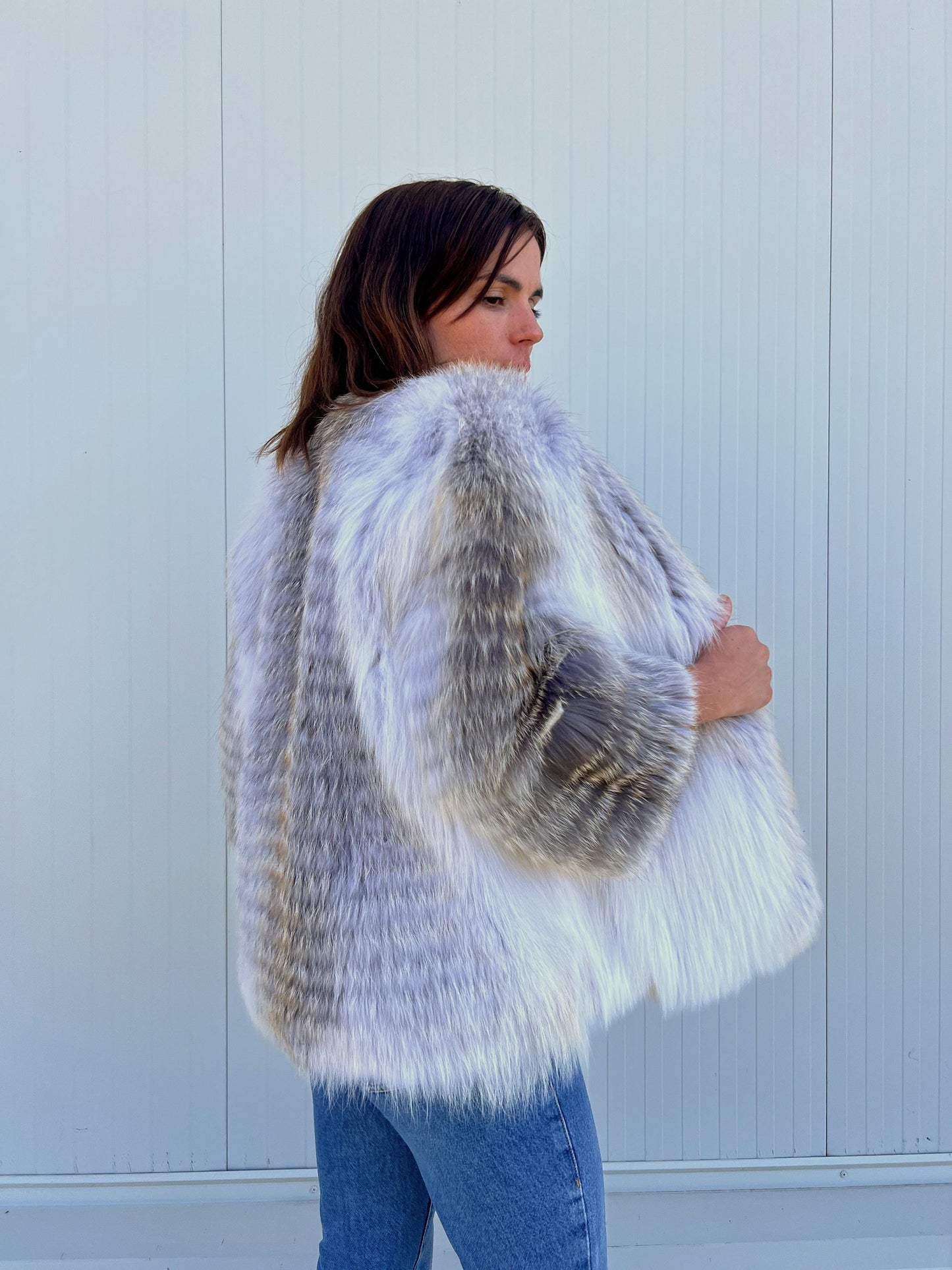 Handmade Fox Fur Jacket: White & Grey Lightweight Fluffy Coat