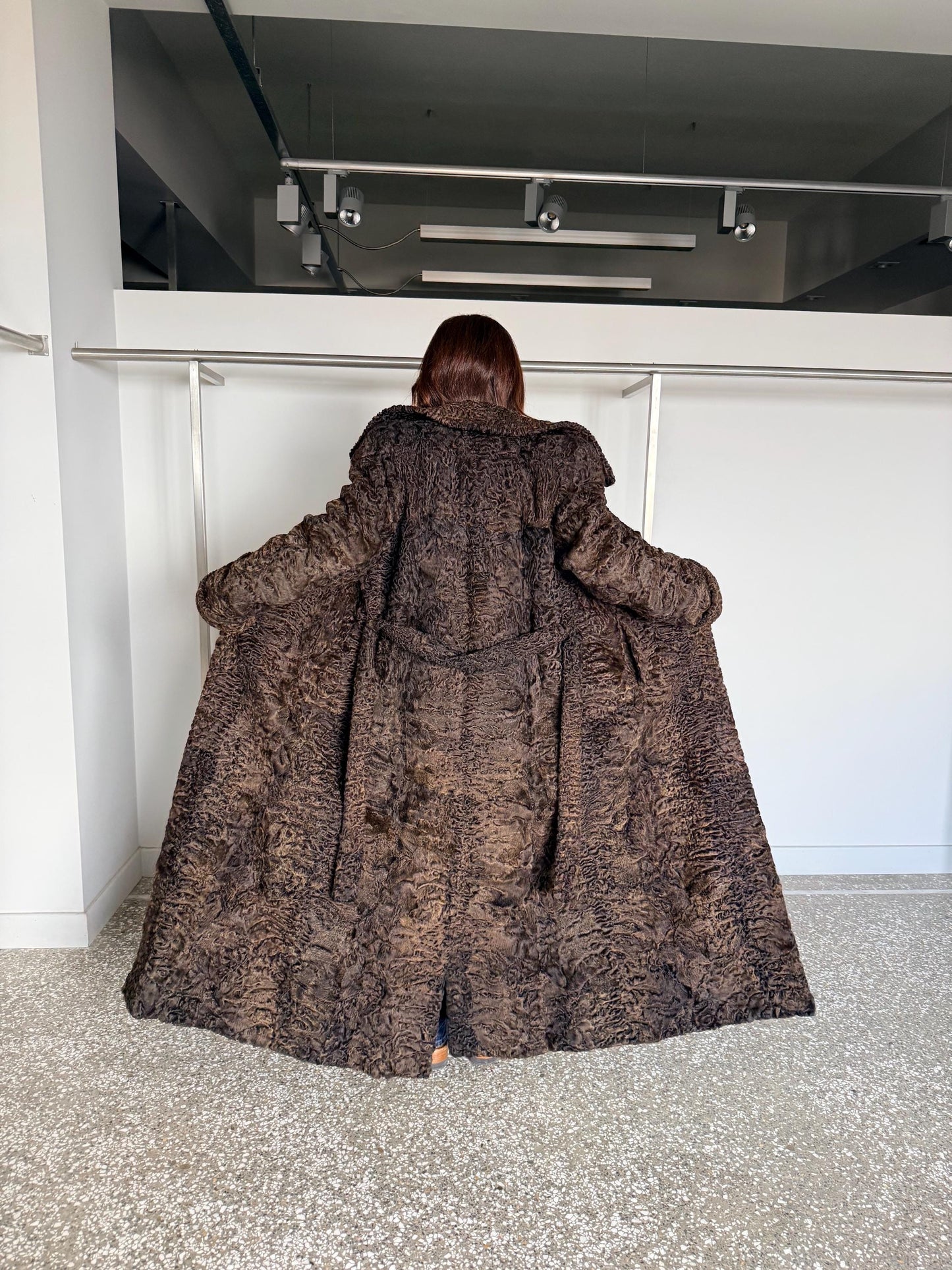 Handmade Brown Swakara Curly Fur Coat with Tie Belt – Extremely Warm Sheepskin Coat