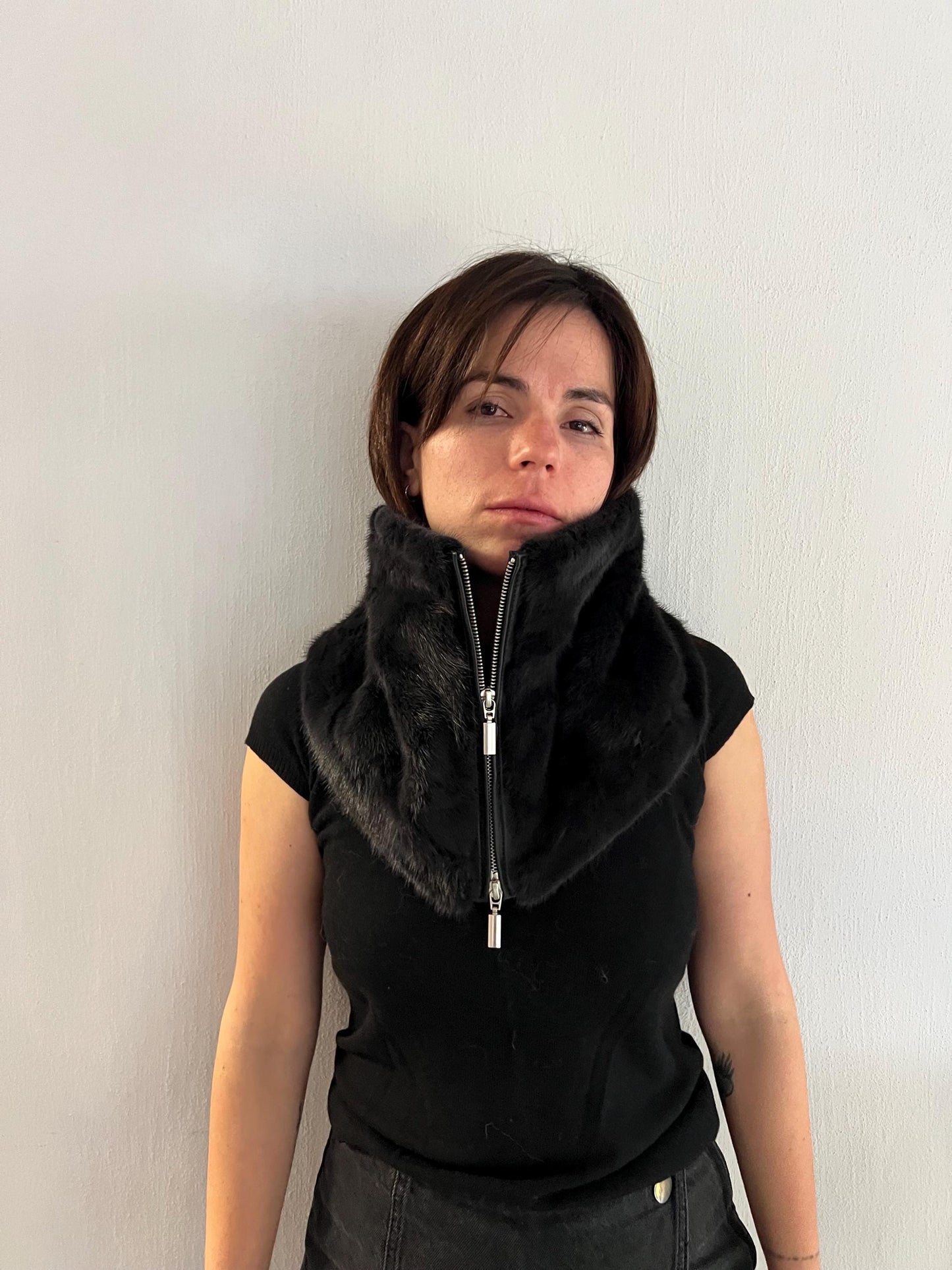 BLACK Mink Fur Cowl: Zipped dark grey Leather Detail Infinity Scarf