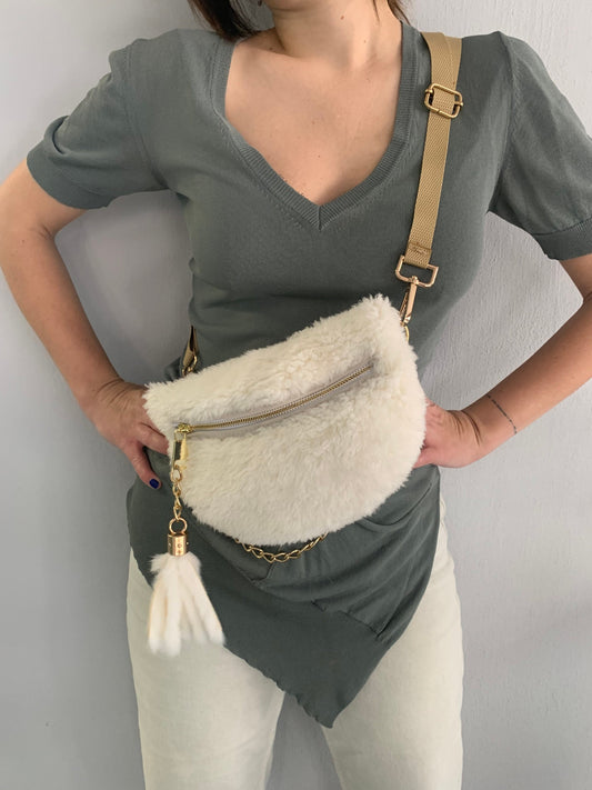 White Sheepskin Fur Bumbag: Multi-Wearable Shearling Fanny Bag