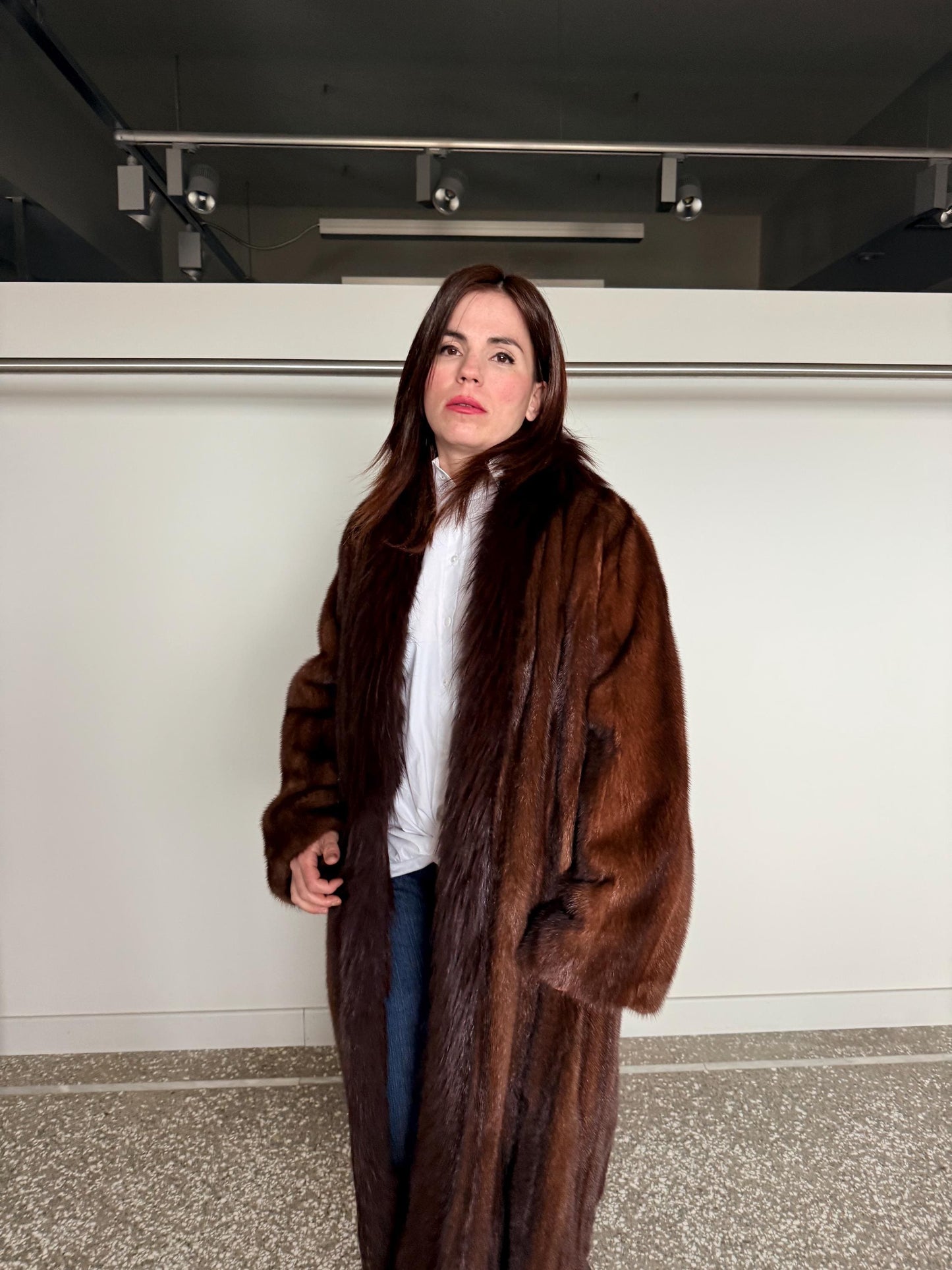 Oversized Demi Buff Mink Fur Coat with Fox Trim: Pastel Whisky Stroller, Handmade Greece
