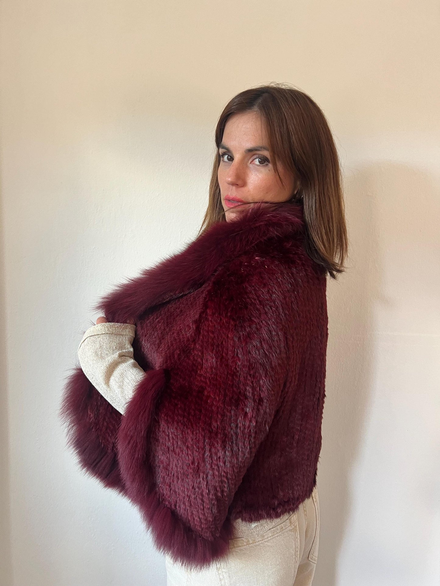 Bordeaux Mink Fur Cape: Handwoven Jacket with Fox Trim