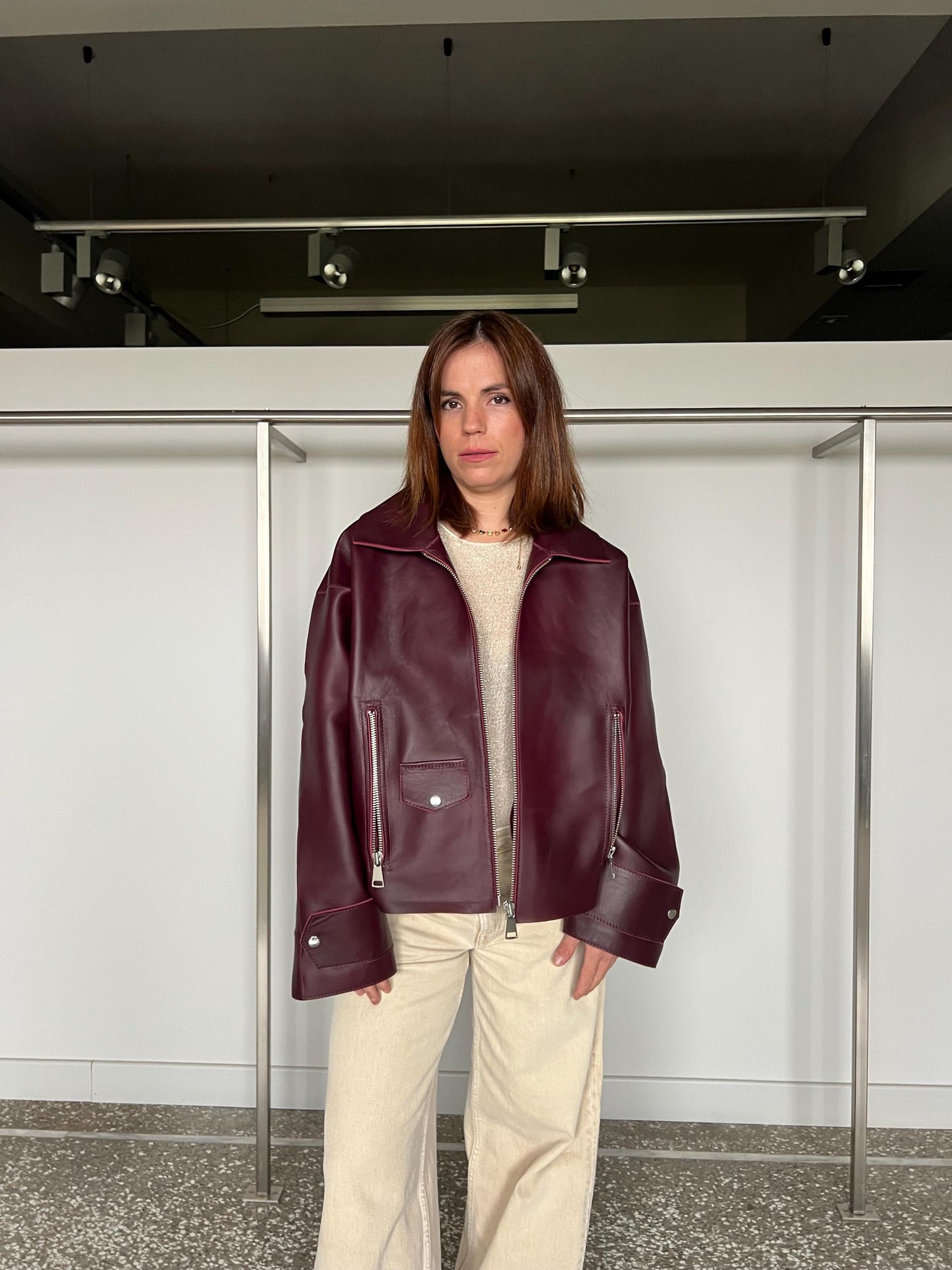 Handmade Burgundy Nappa boxy Leather Jacket: Oversized Zip-Up thick hide Coat