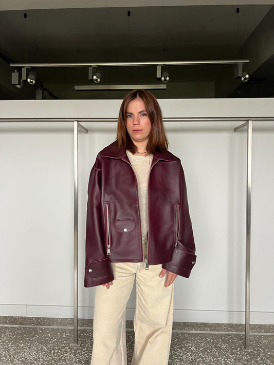 Handmade Burgundy Nappa boxy Leather Jacket: Oversized Zip-Up thick hide Coat