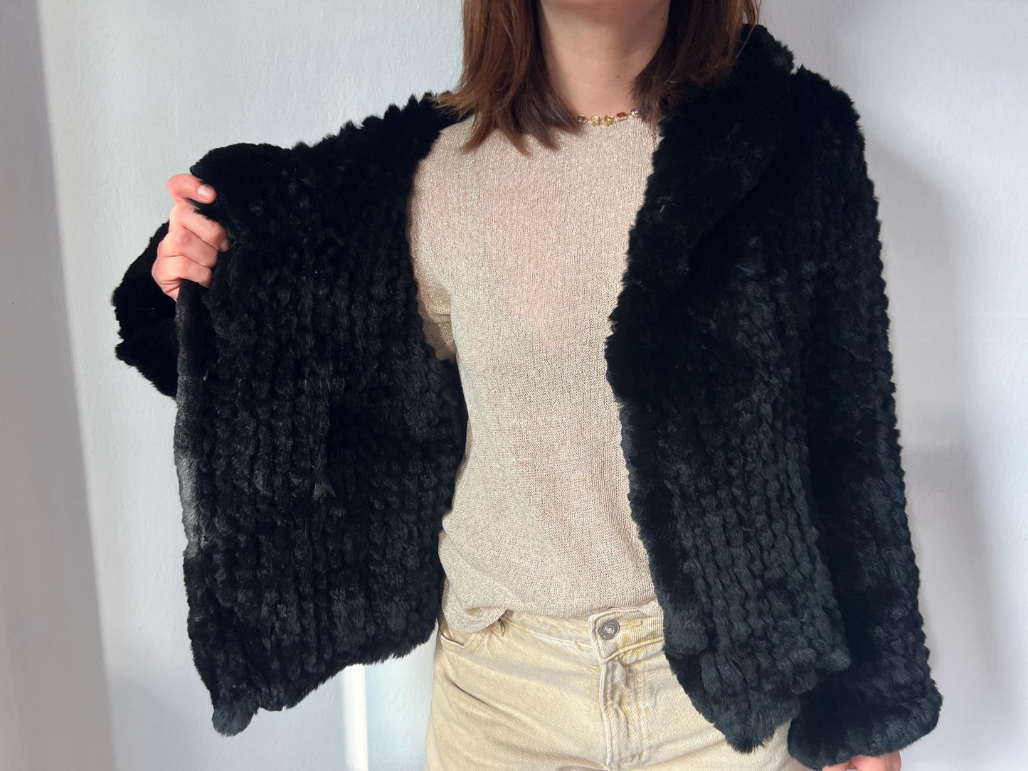 Handwoven Black Rabbit Fur Hooded Jacket - Frog Closure
