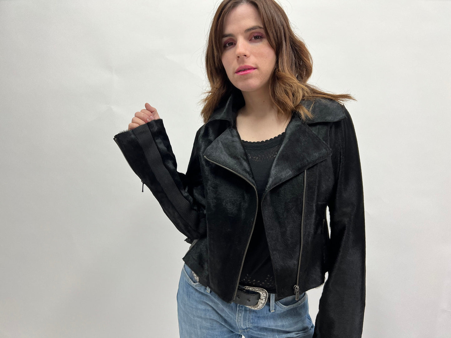 Genuine Cavallino Fur Biker Jacket: Hair-On Calf Leather, Lightweight Spring Coat