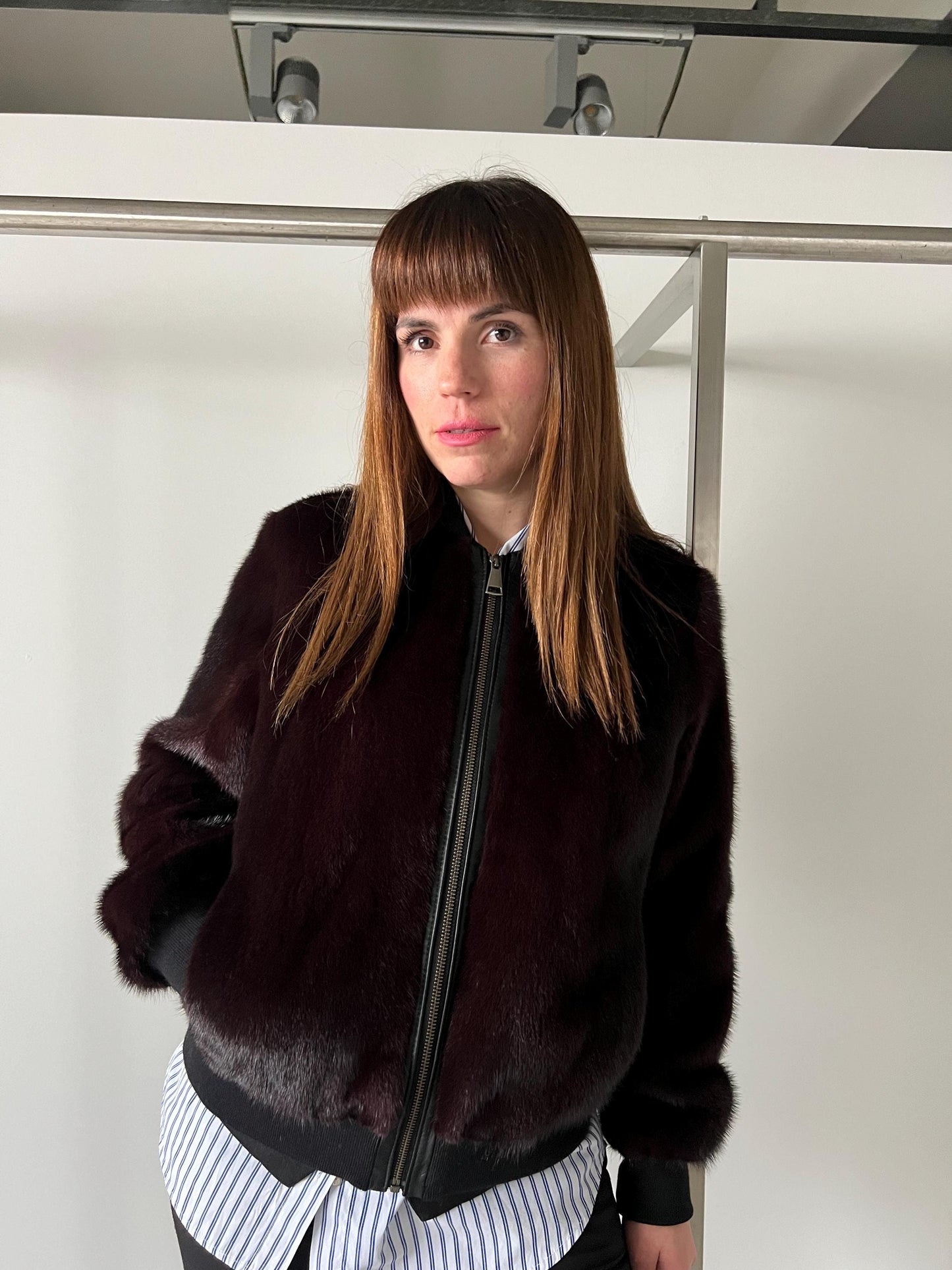 Burgundy Mink Fur Bomber Jacket: Elastic Hem, Silky Lining