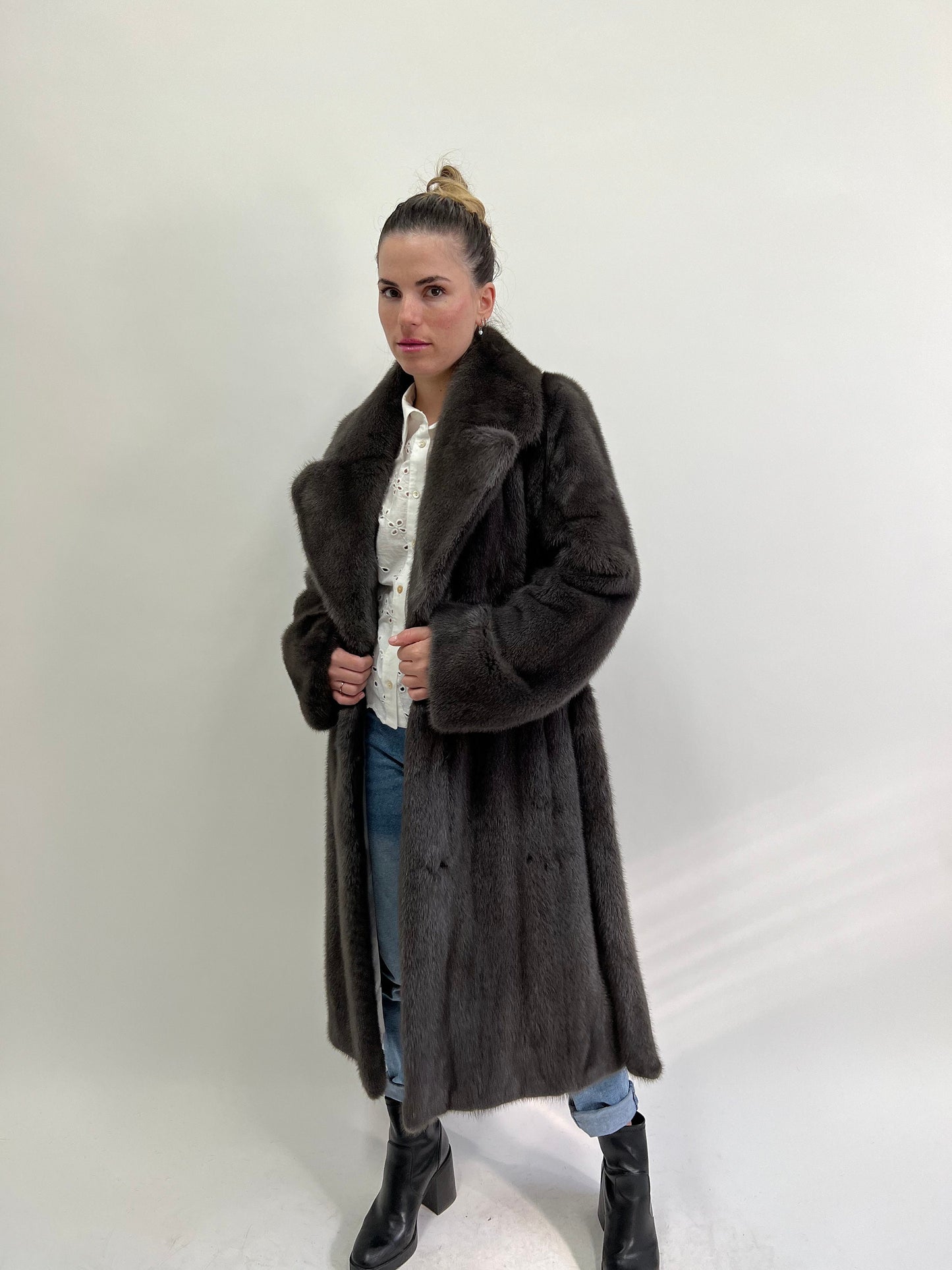 Real Graphite Mink Fur Long Coat: Belted Copenhagen Fur, Handmade