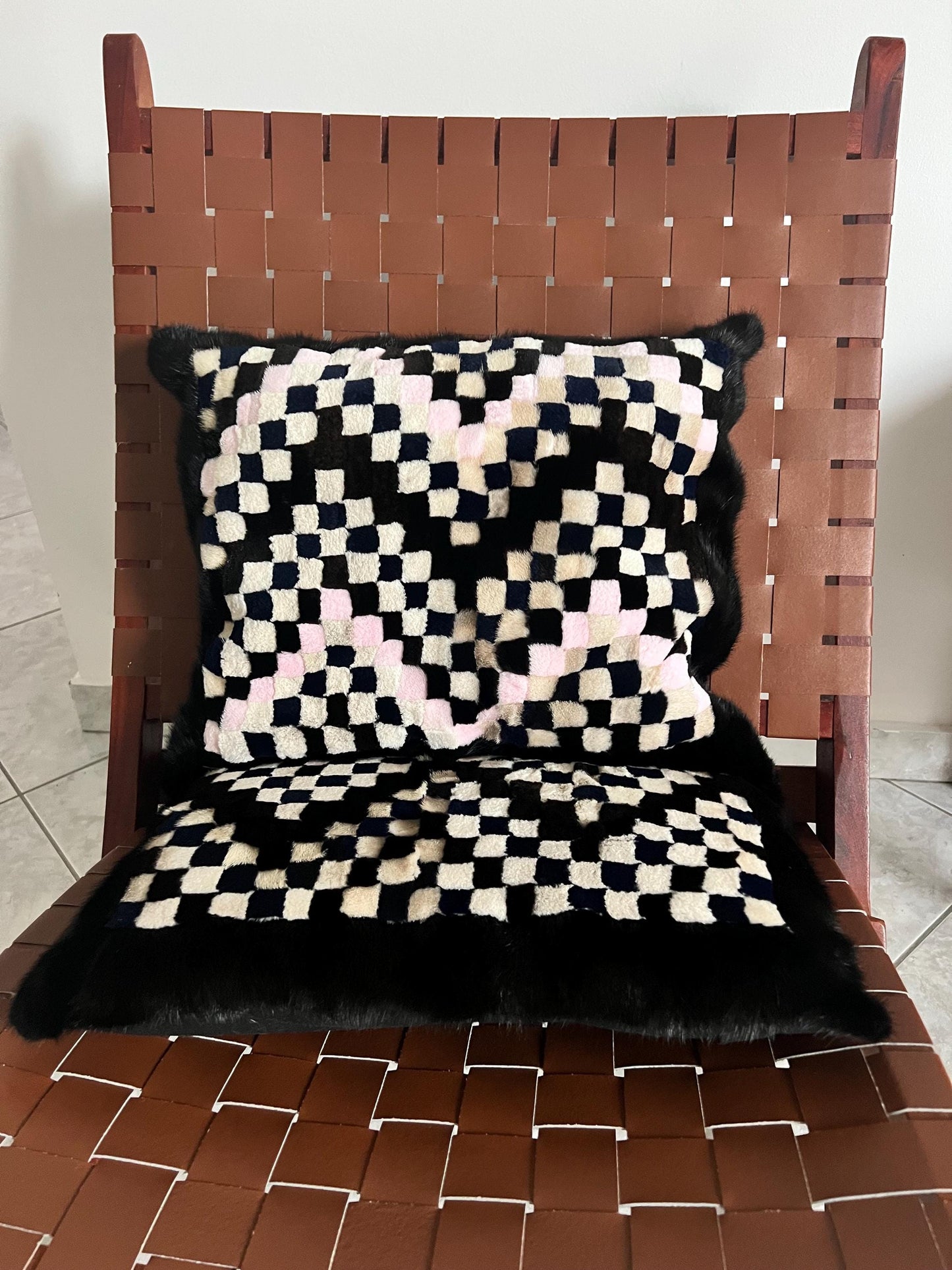 Mink Fur Pillow. Intarsia Decorative Cushion case in genuine real fur decoration.
