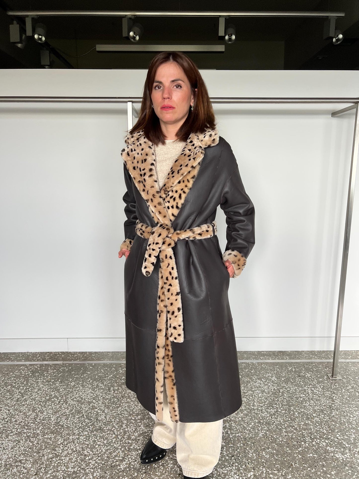 Handmade Merino Shearling Coat: Animal Stamp Fur Stroller, Brown Leather Wrap