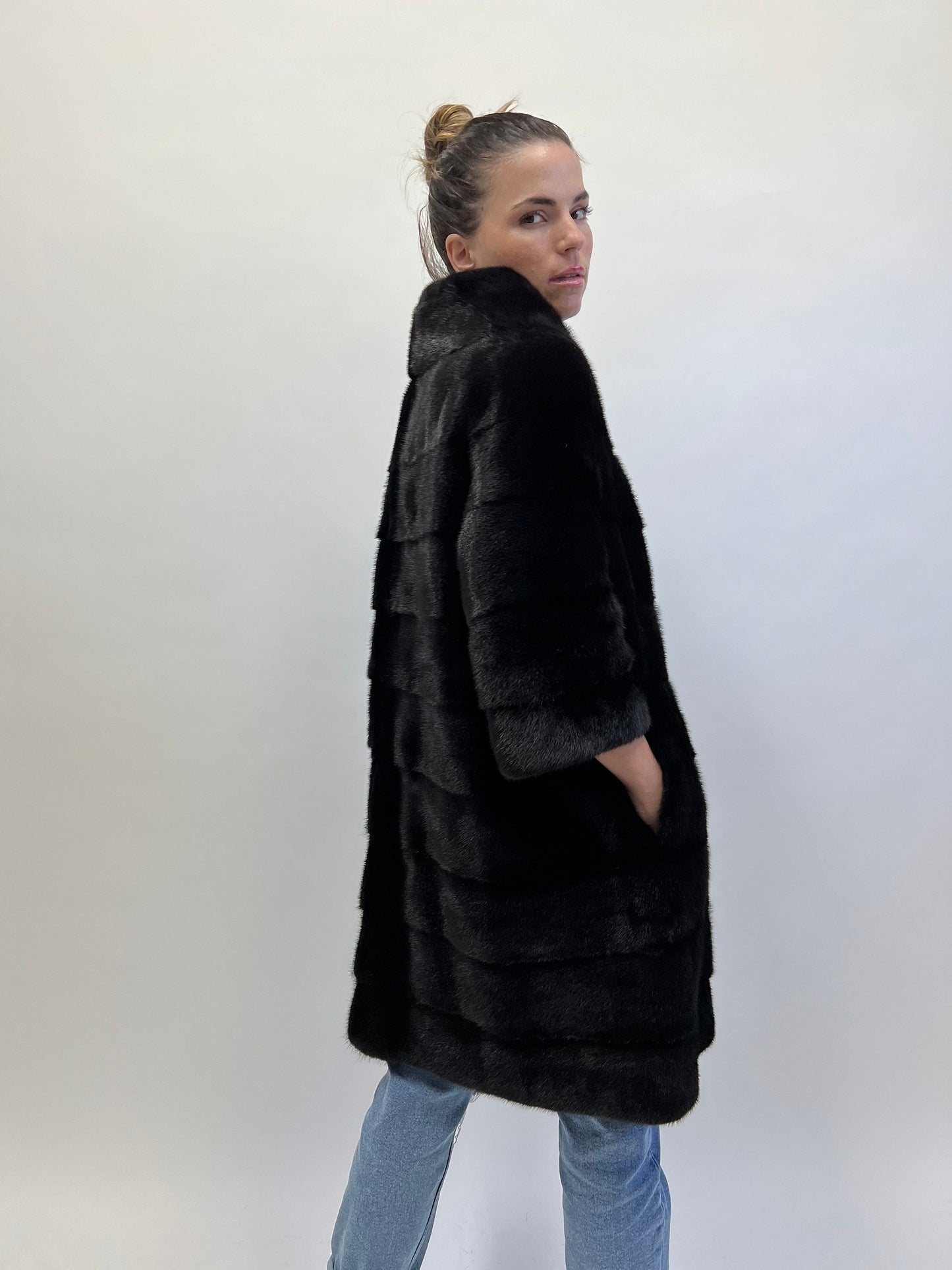 Real Mink Fur Coat: Black Horizontal Full Skin Jacket