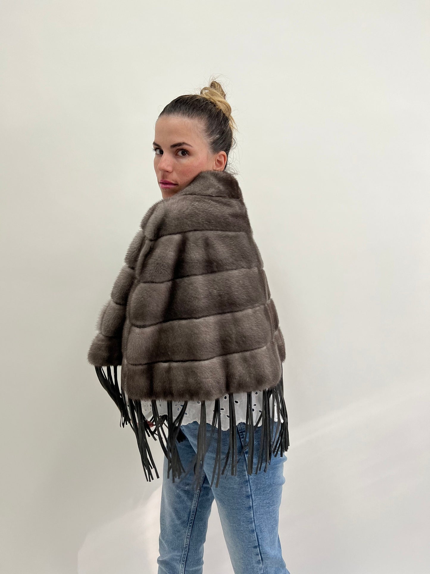 Grey Mink Fur Poncho: Leather Tassel Cape - Saga Blue Iris