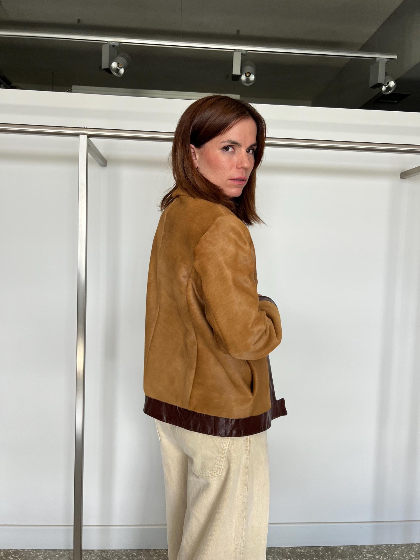 Camel and Burgundy Hair-On Calf Hide Leather Jacket - Handmade in Greece