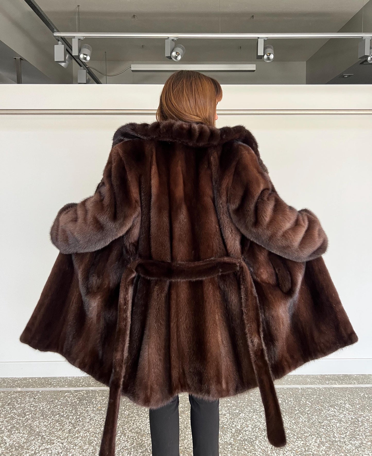 Choco Brown Mink Fur Coat: Big Collar Belted Stroller, Handmade in Greece