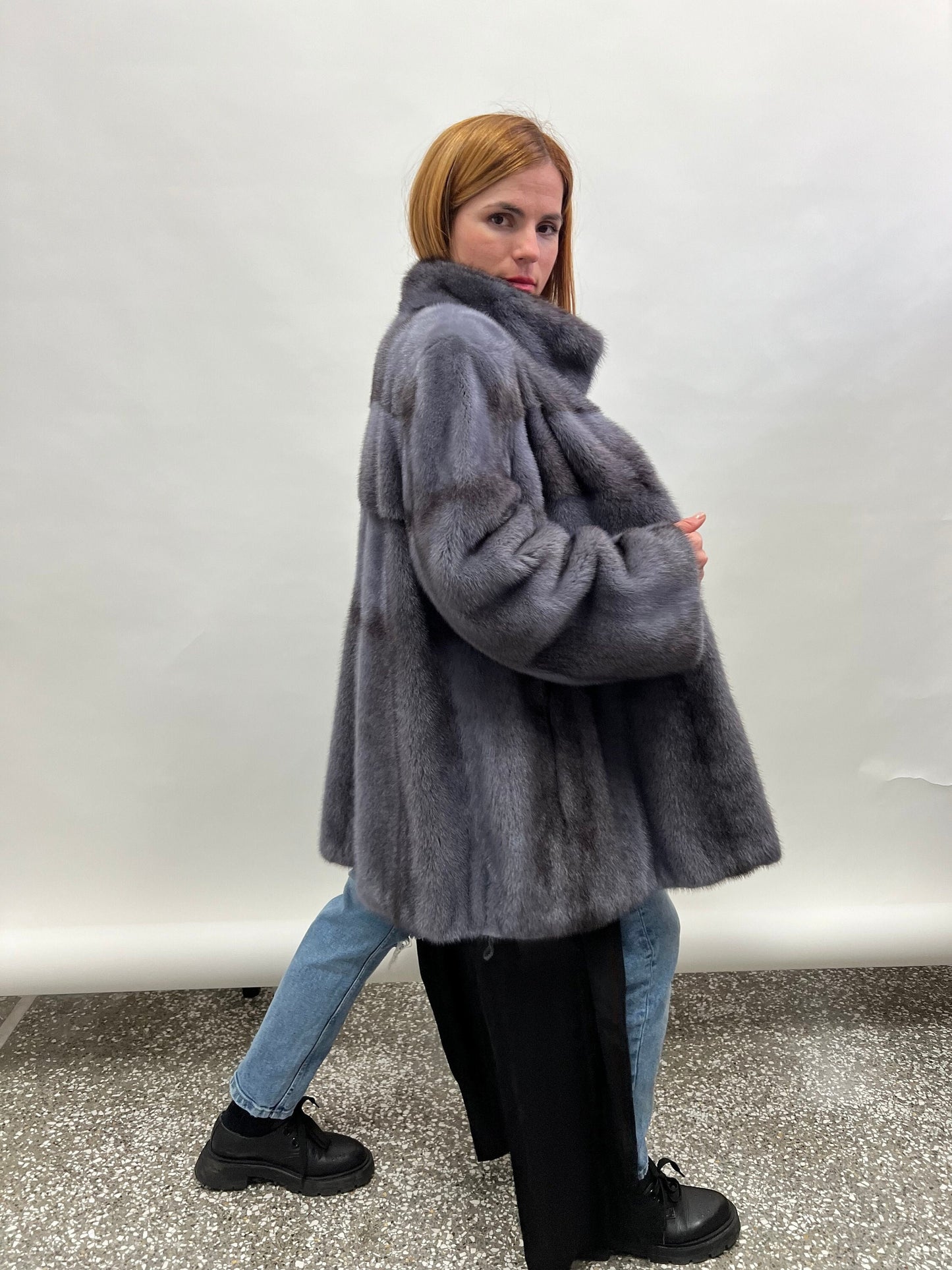 Grey Saga Mink Fur Jacket: Real Silver Cross Pelt, Handmade in Greece