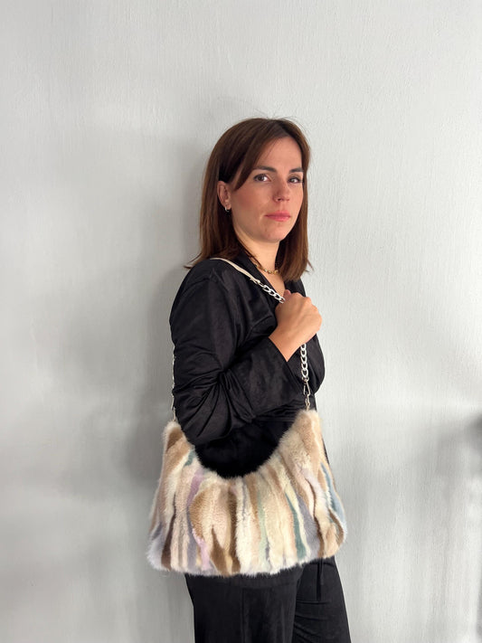 Multicolor Mink Fur Tote Bag: Leather & Chain Details