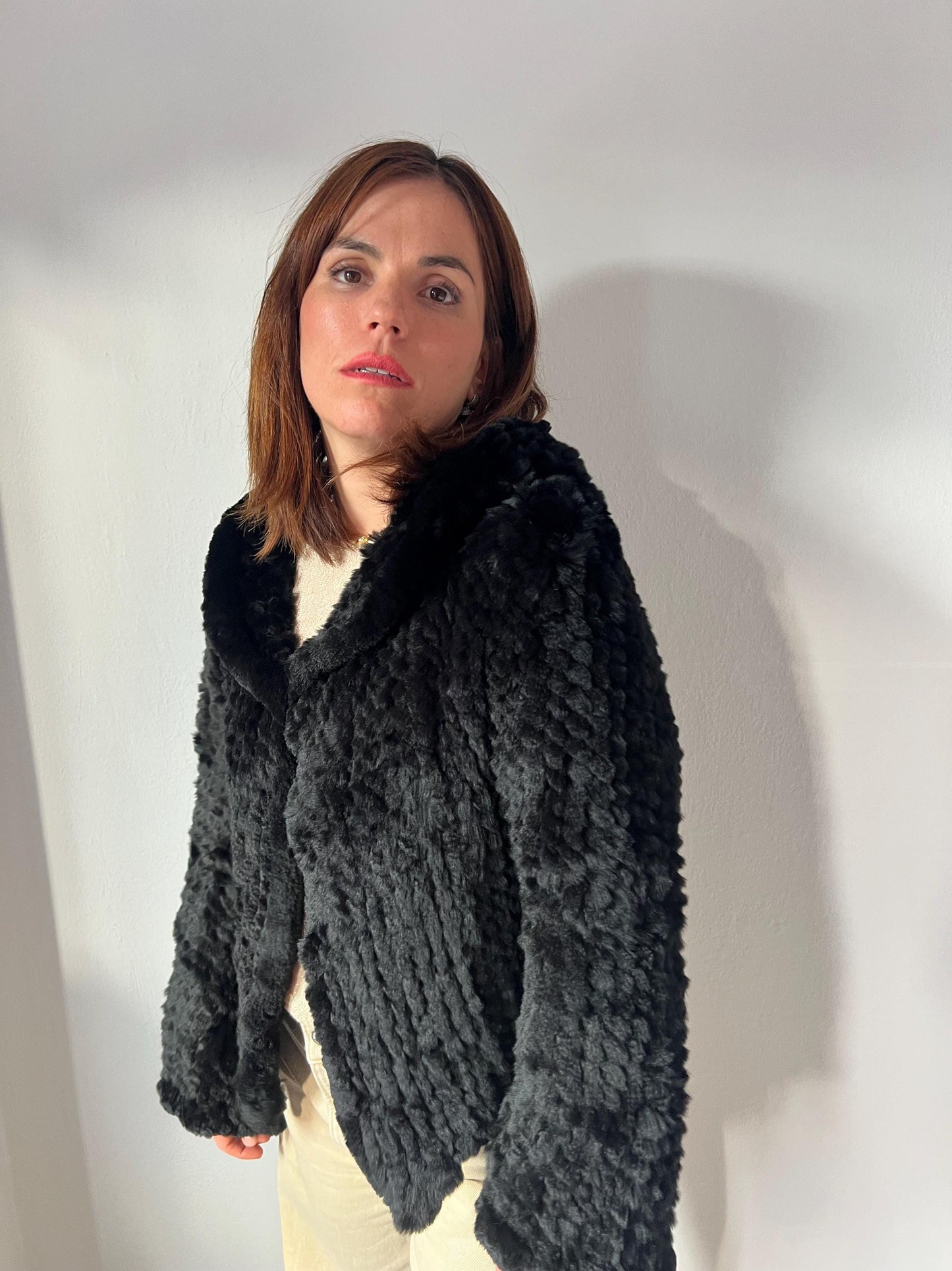 Handwoven Black Rabbit Fur Hooded Jacket - Frog Closure