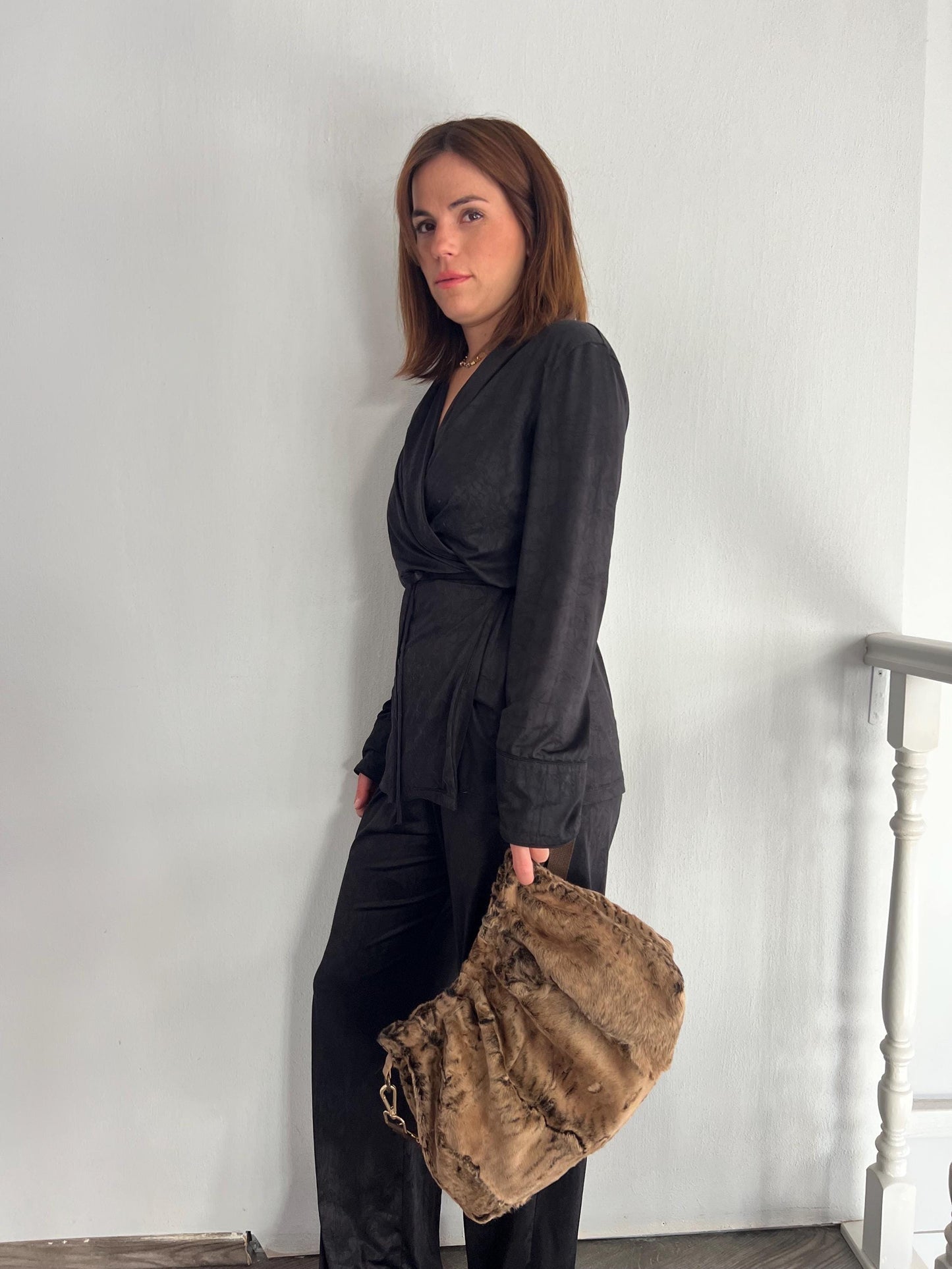 Rusty brown lamb fur Slouch Bag: Swakara Handmade brown Strap Crossbody with lining.