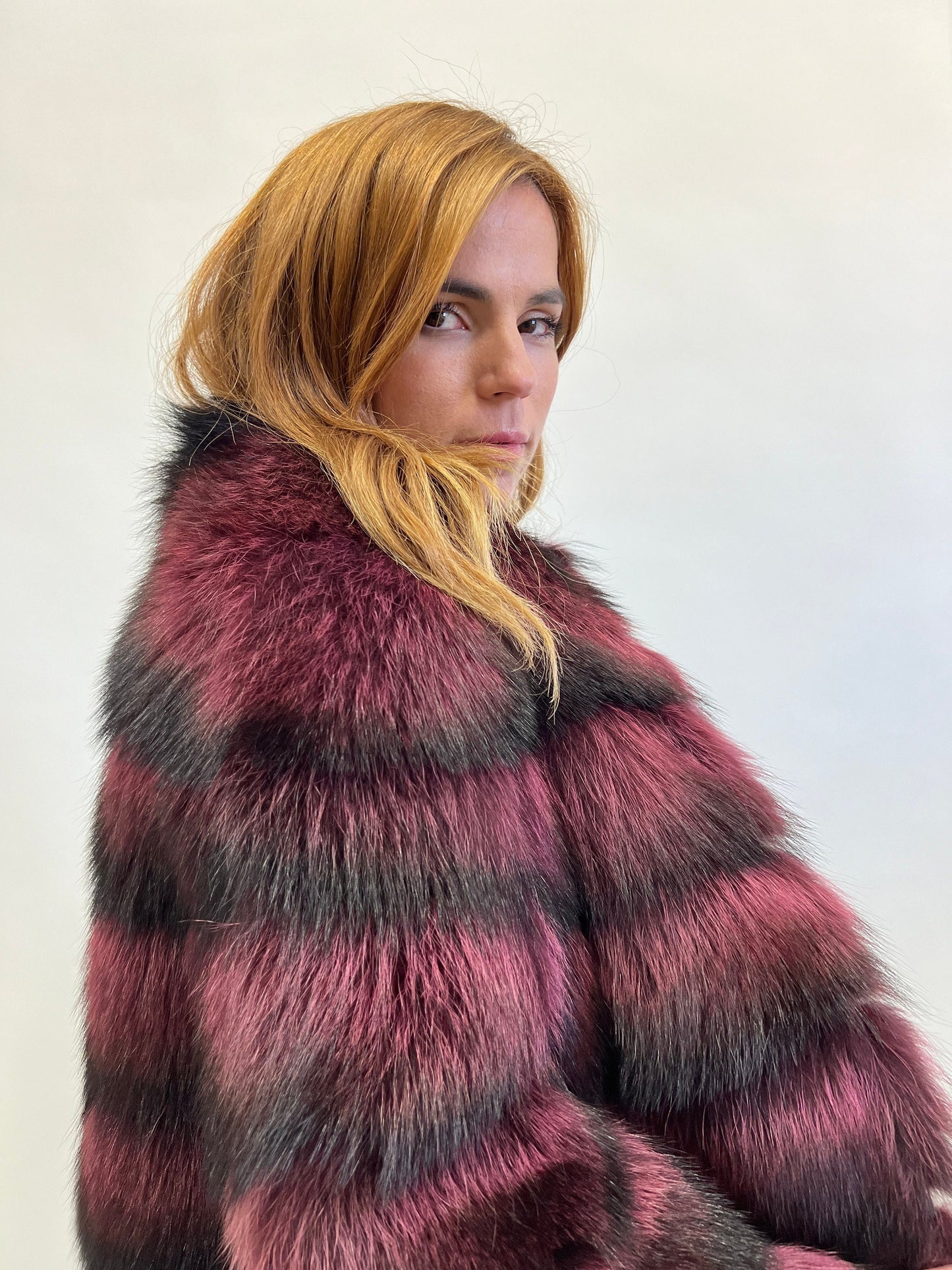 Burgundy Raccoon Fur Jacket: Leather Trim, Warm Winter Coat