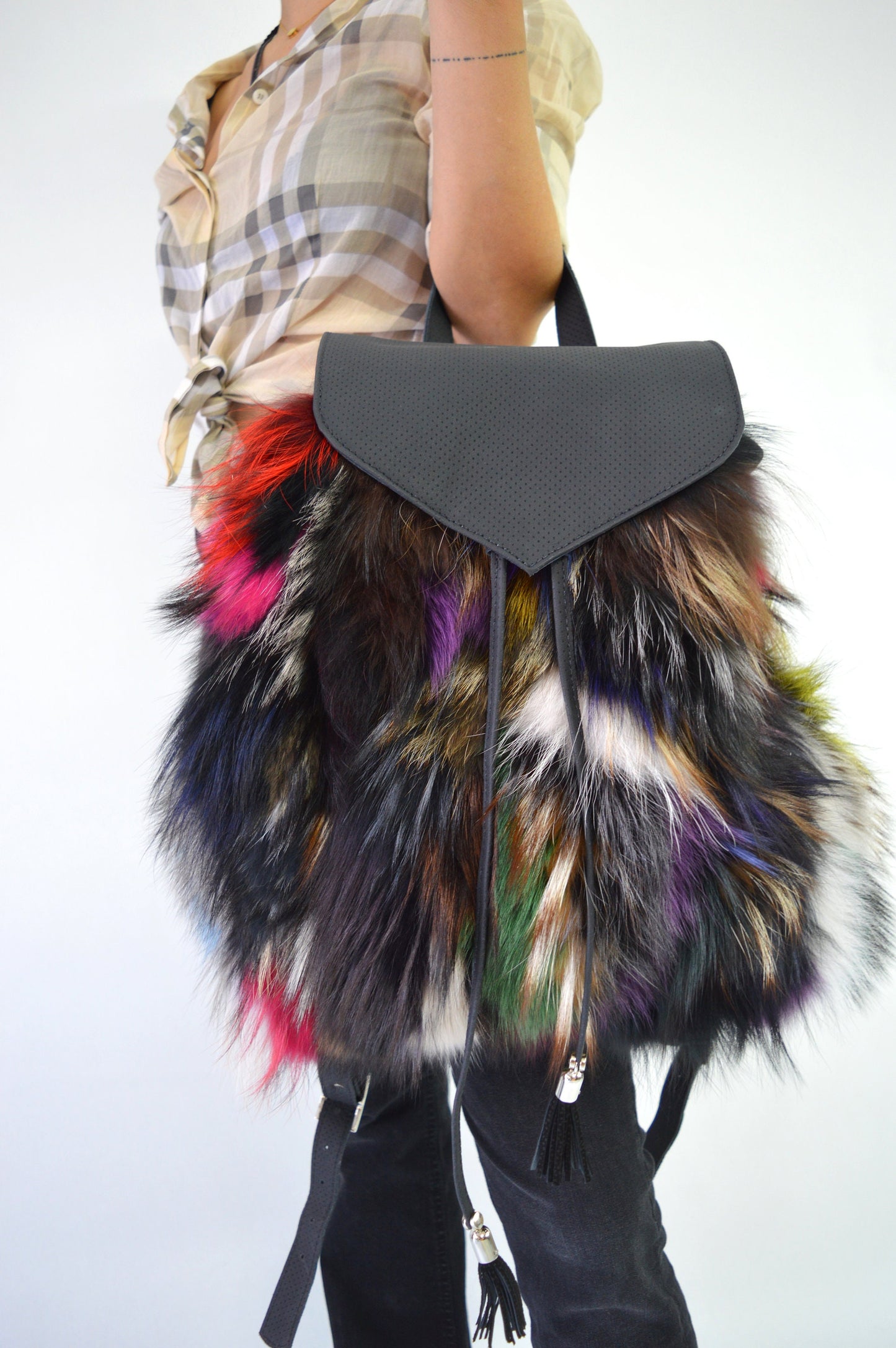 Real Fox Fur Leather Backpack: Handmade Rucksack Laptop Bag