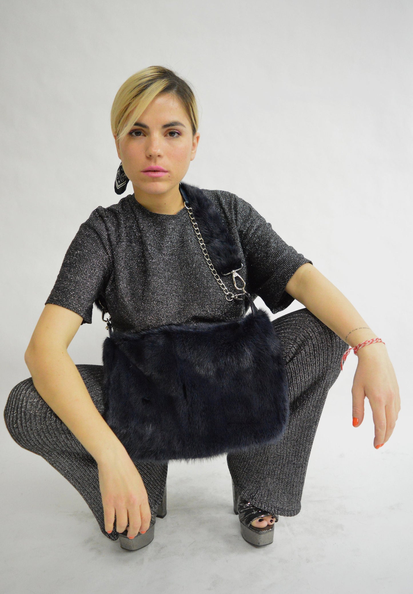 Handmade Black Mink Fur Shoulder Bag: Leather & Chain Detail
