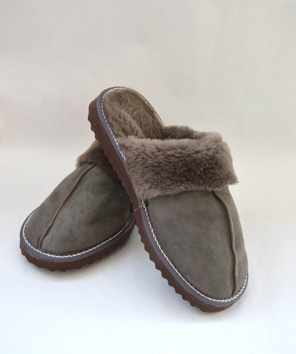 Grey Shearling Slippers: Genuine Sheepskin Fur Shoes for Women
