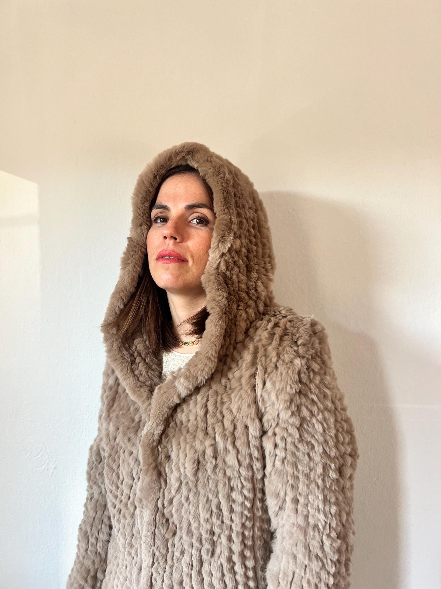 Handwoven Taupe Rabbit Fur Hooded Jacket - Frogs Closure