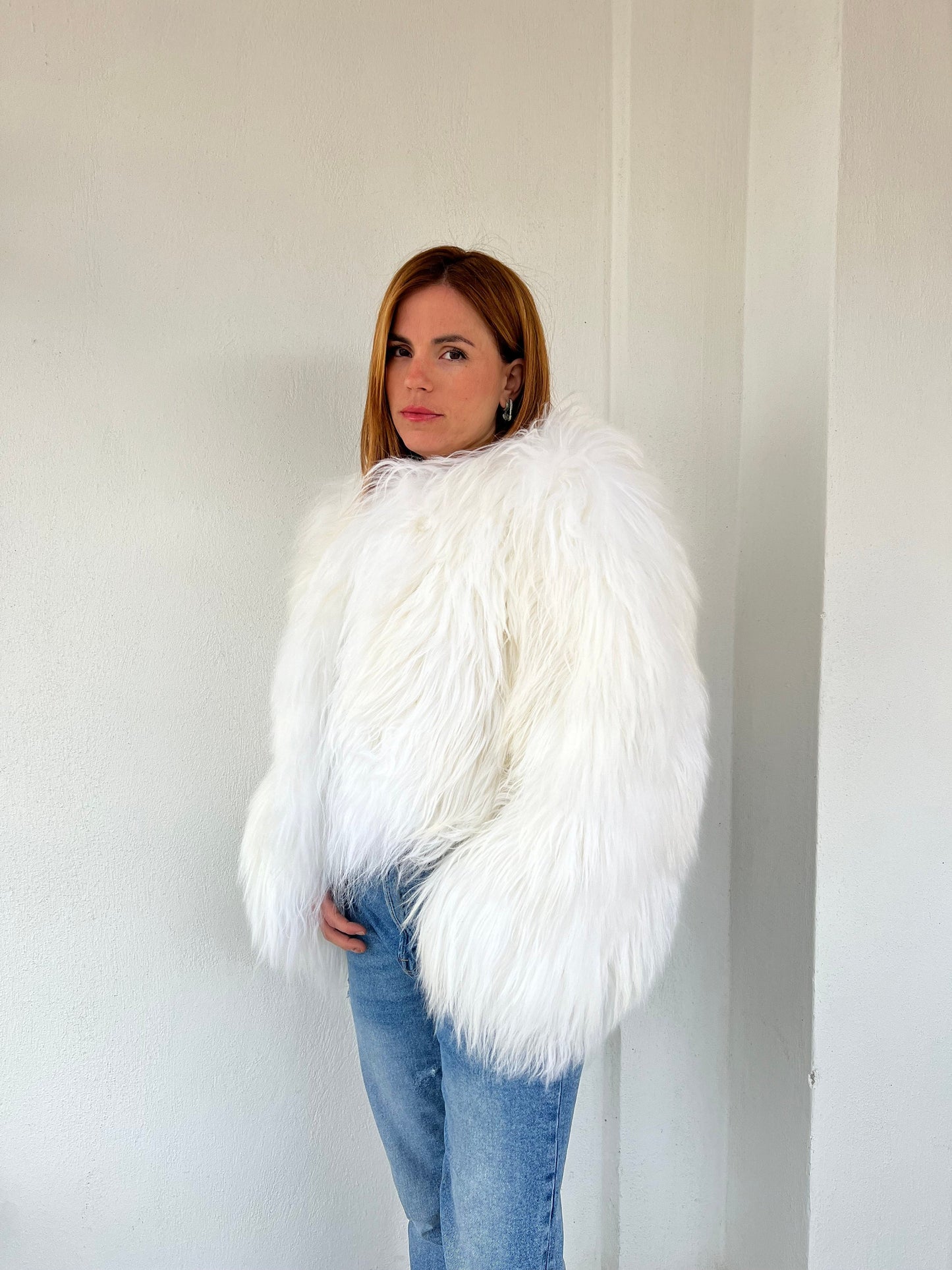 Handmade Mongolian Sheepskin Fur Jacket: Collarless Winter Coat
