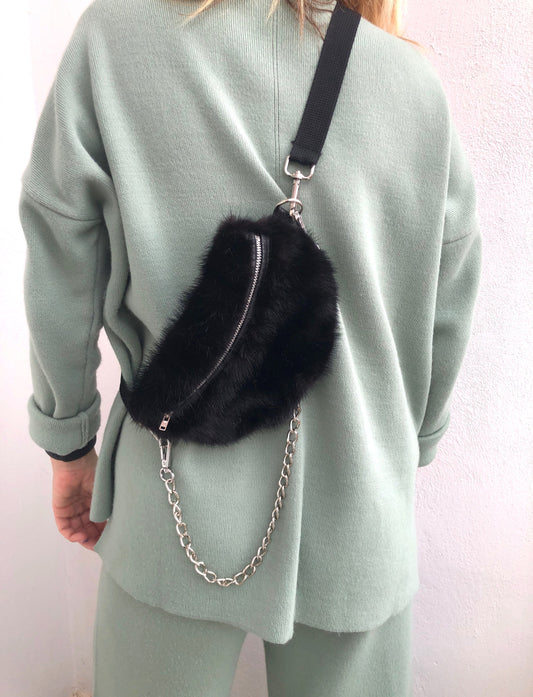 Black Mink Fur Bumbag with Chain: Luxury Fanny Pack